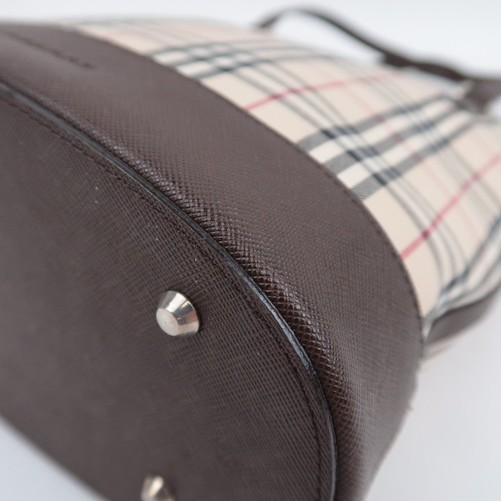 BURBERRY Nova Plaid Canvas Leather Tote Bag Beige Brown