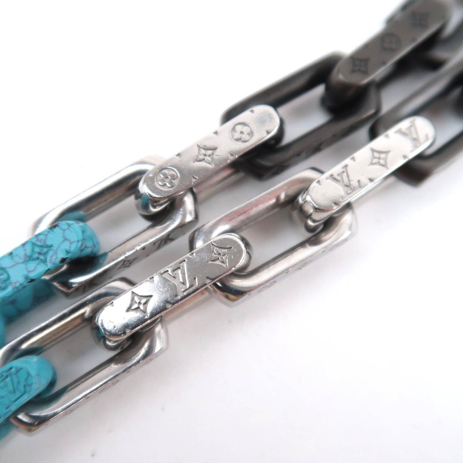Louis Vuitton Monogram Chain Stone Necklace Black White Silver Turquoise M01293