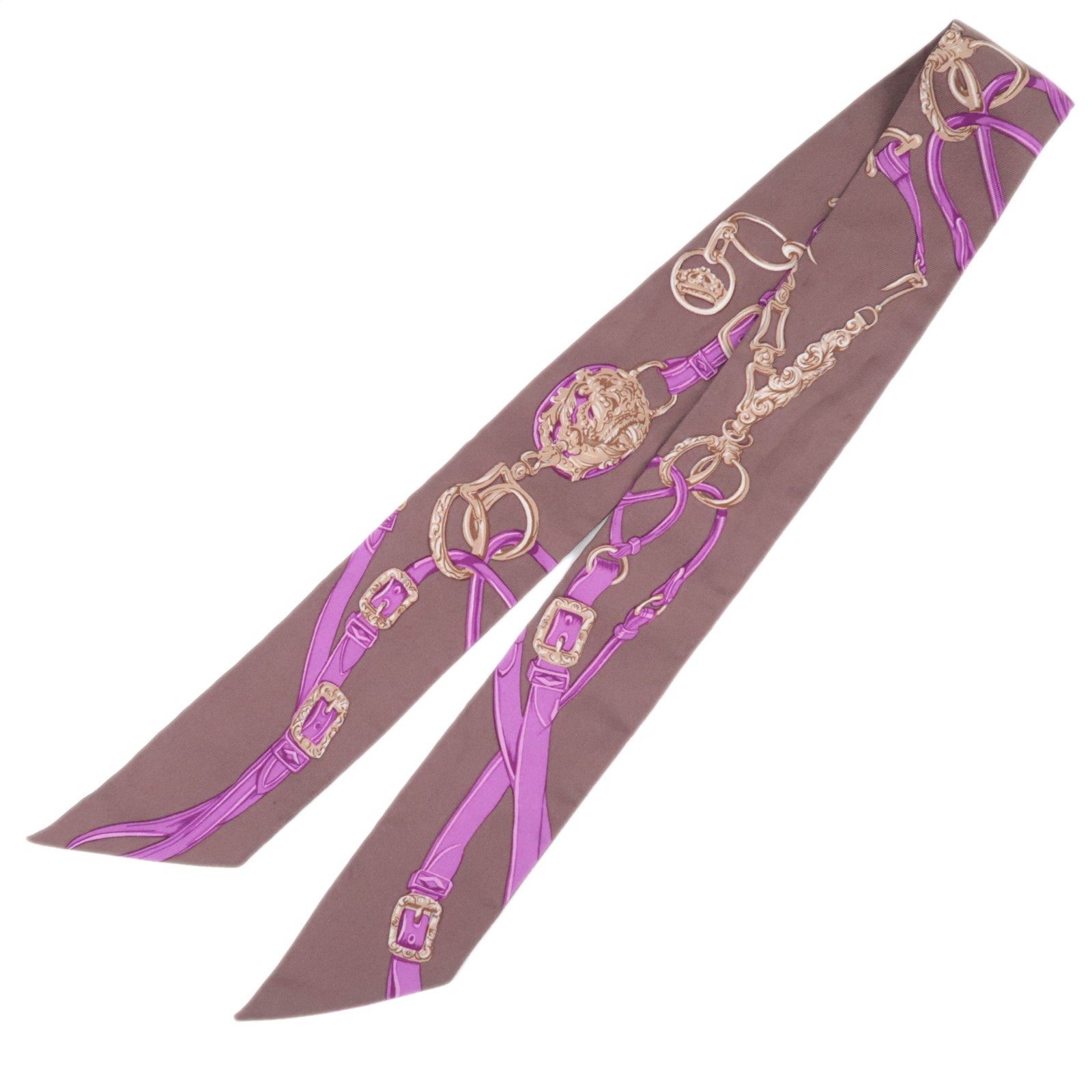HERMES Twilly Scarf BRIDES de GALA 100% Silk Brown Purple90900