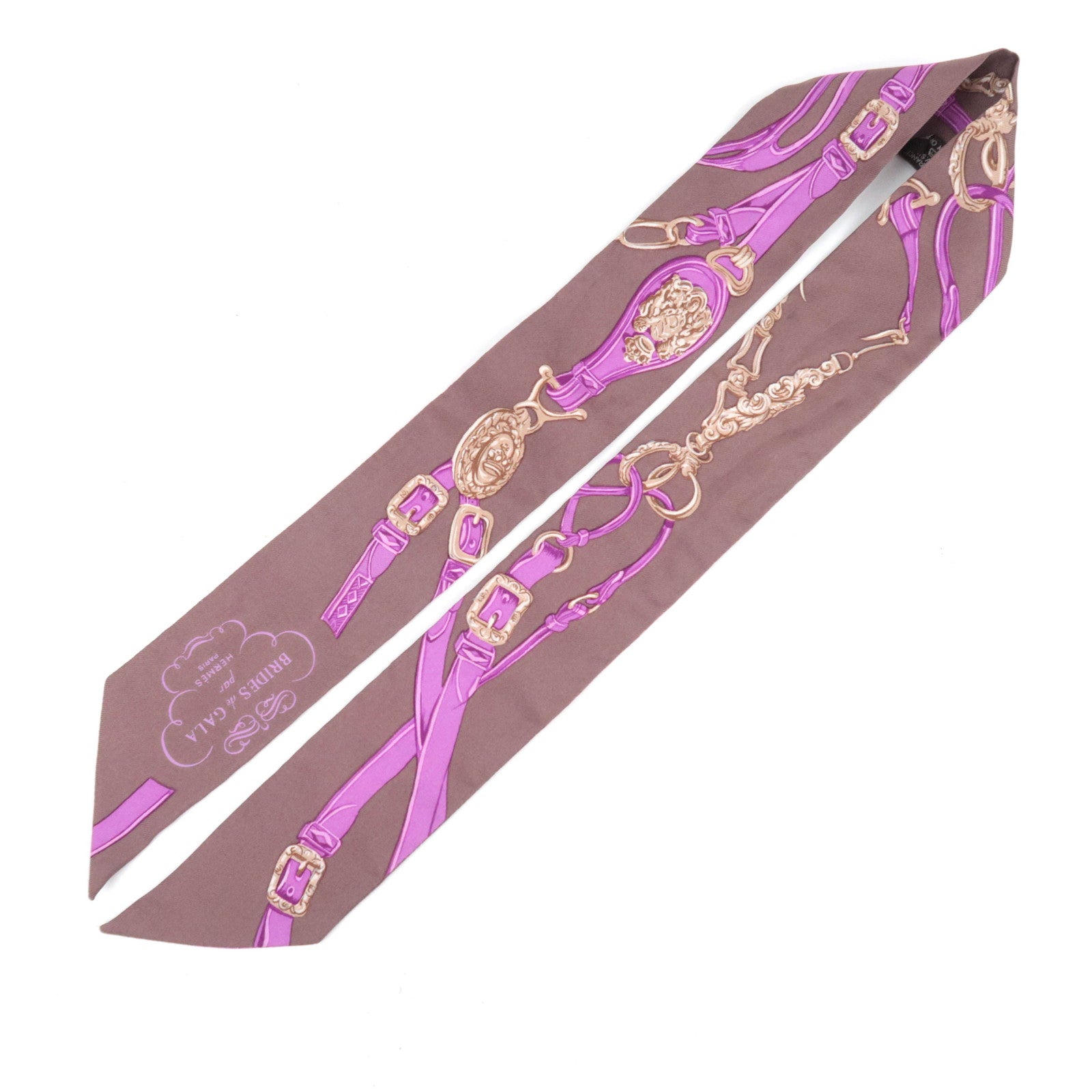 HERMES Twilly Scarf BRIDES de GALA 100% Silk Brown Purple