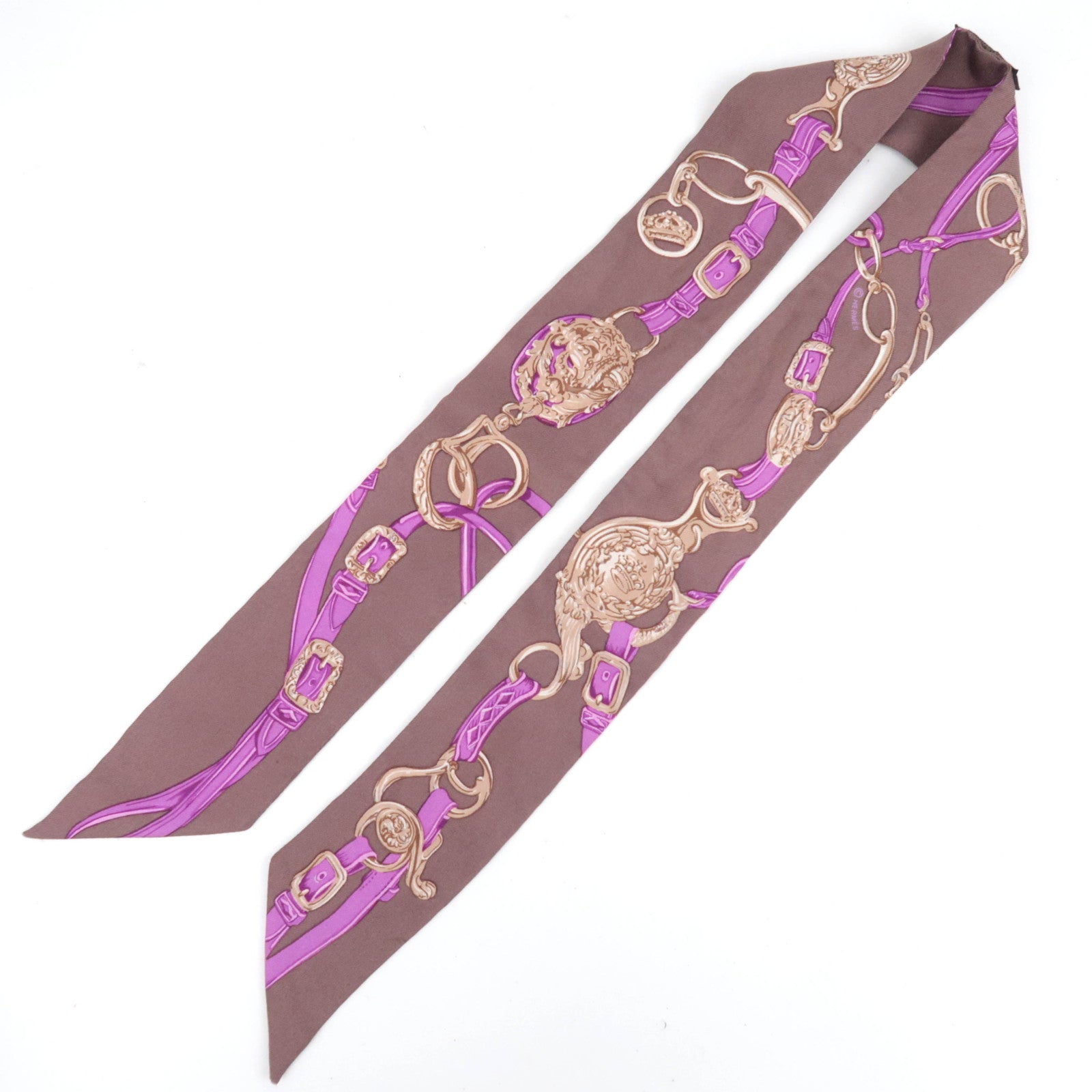 HERMES Twilly Scarf BRIDES de GALA 100% Silk Brown Purple
