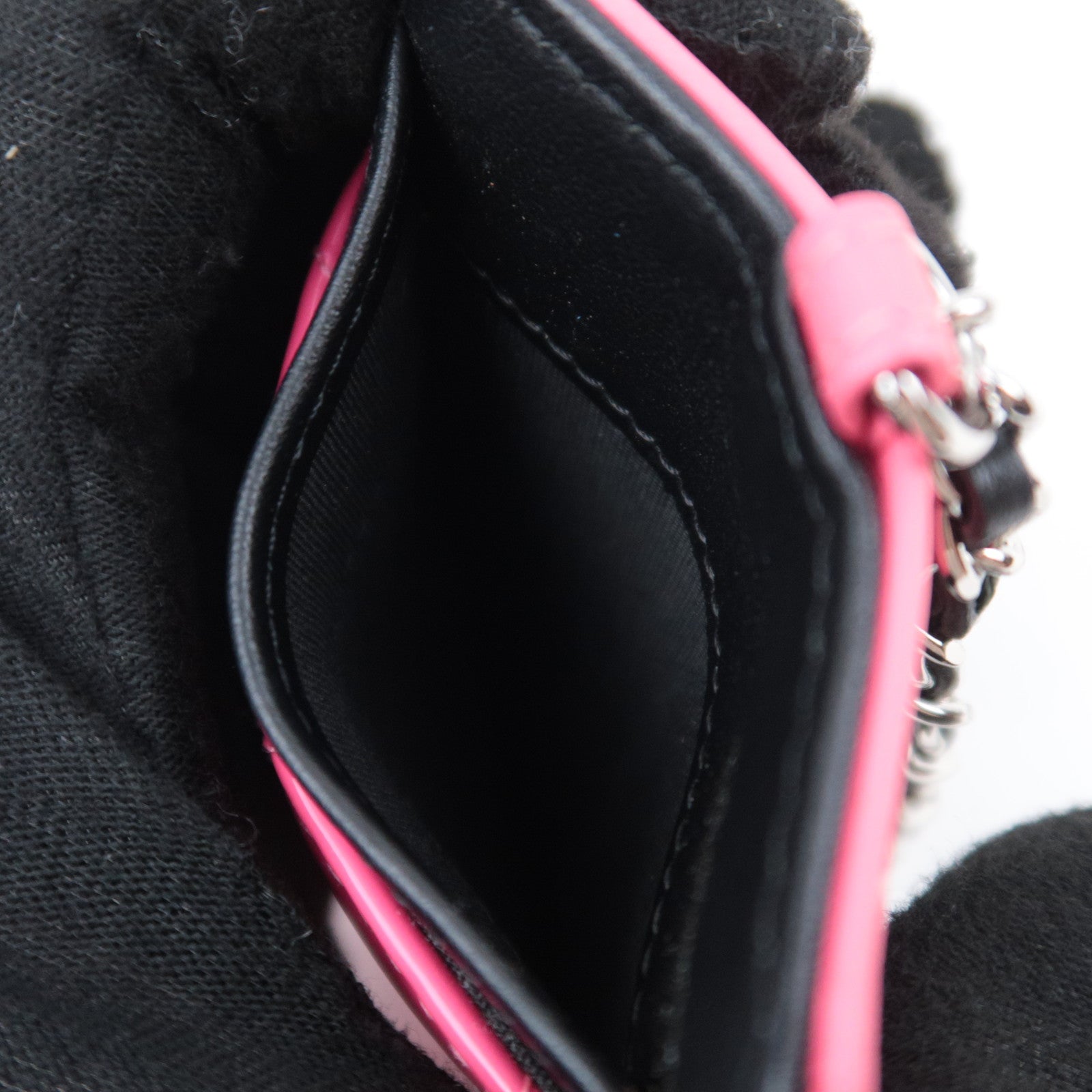 CHANEL Matelasse Patent Leather Chain Pass Case Holder Black Pink Silver HDW