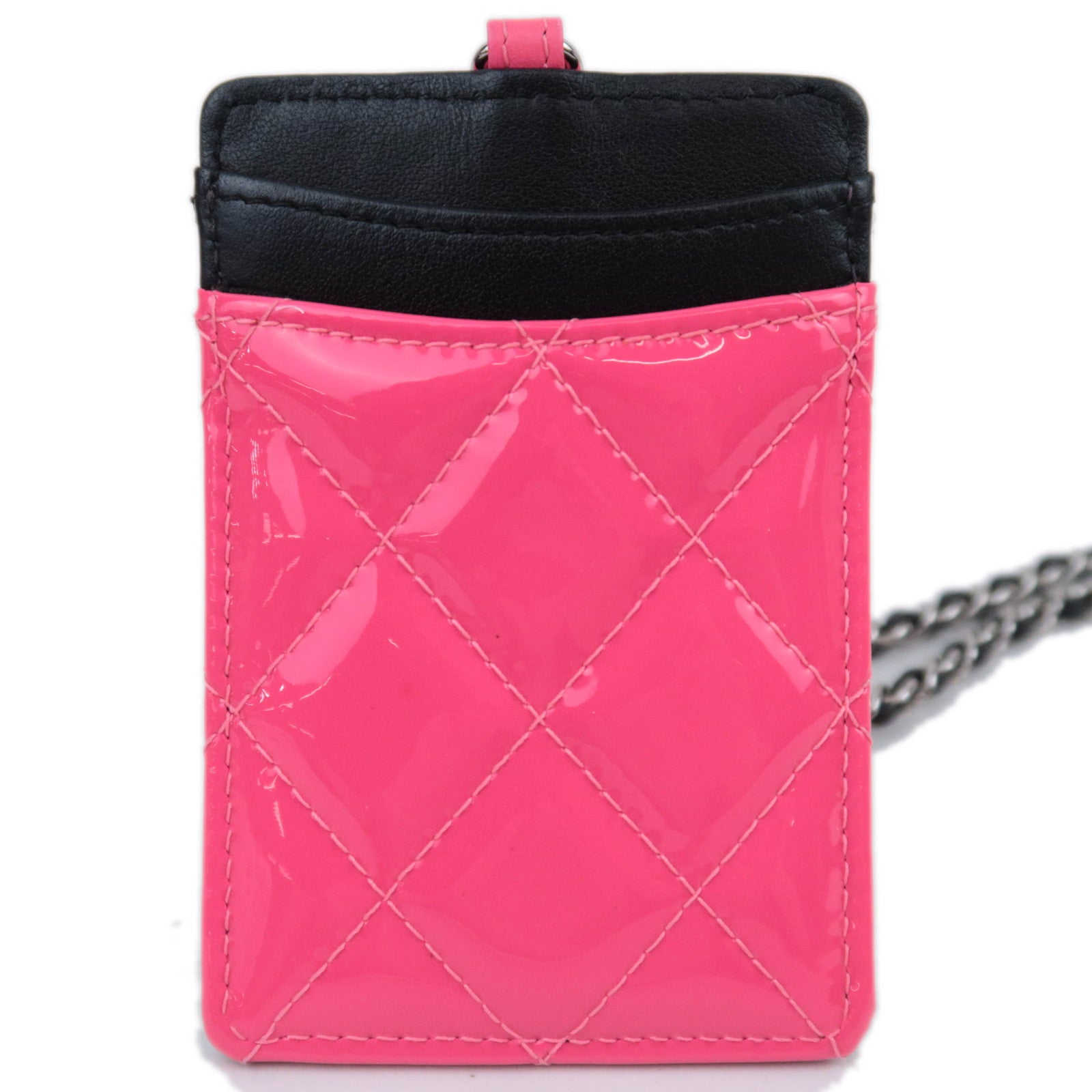CHANEL Matelasse Patent Leather Chain Pass Case Holder Black Pink Silver HDW