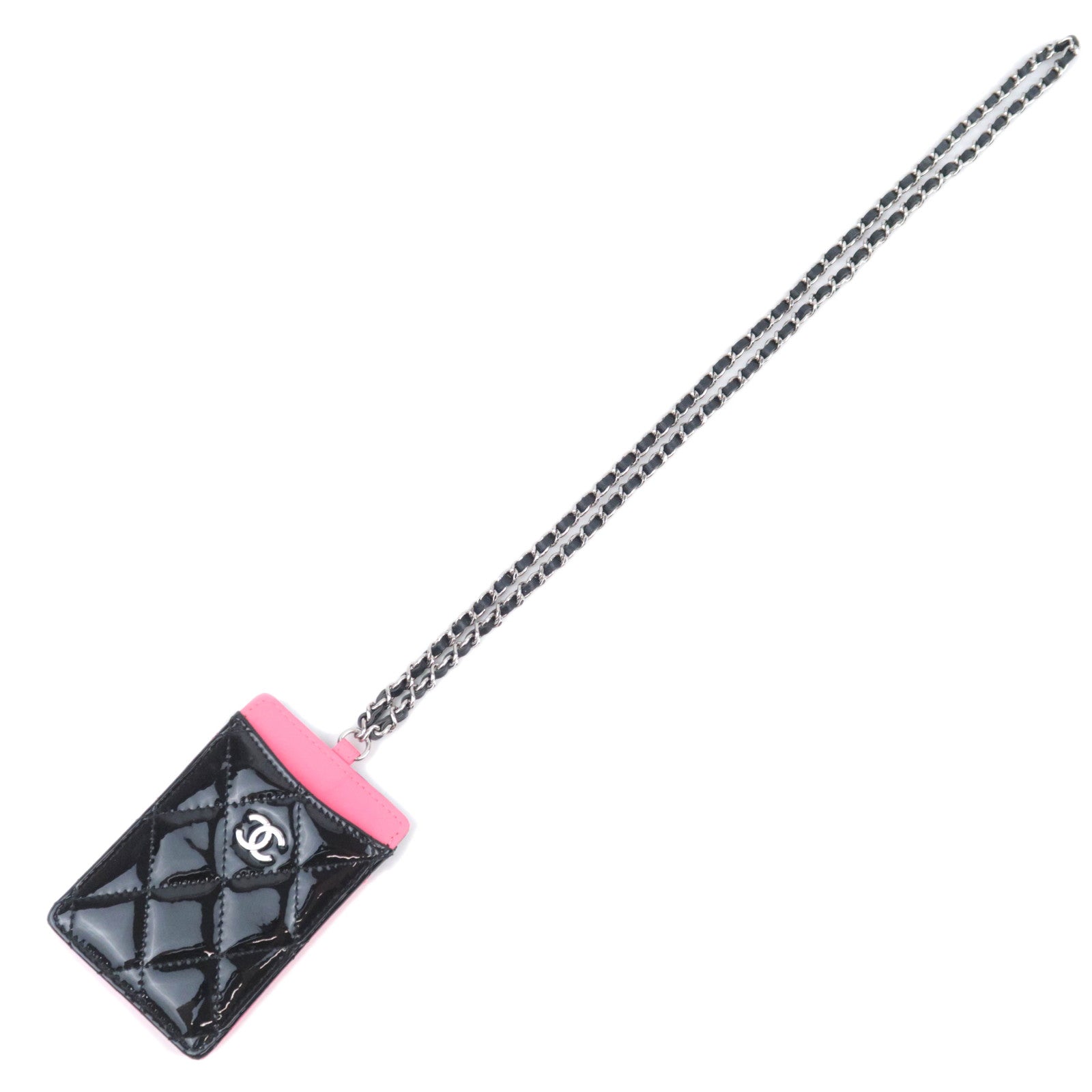 CHANEL Matelasse Patent Leather Chain Pass Case Holder Black Pink Silver HDW