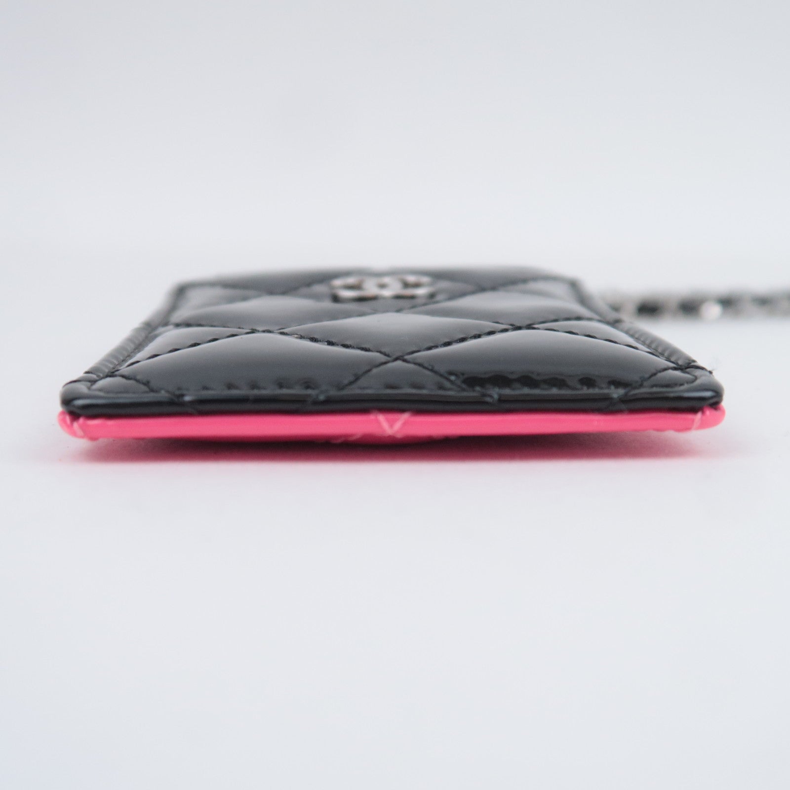 CHANEL Matelasse Patent Leather Chain Pass Case Holder Black Pink Silver HDW