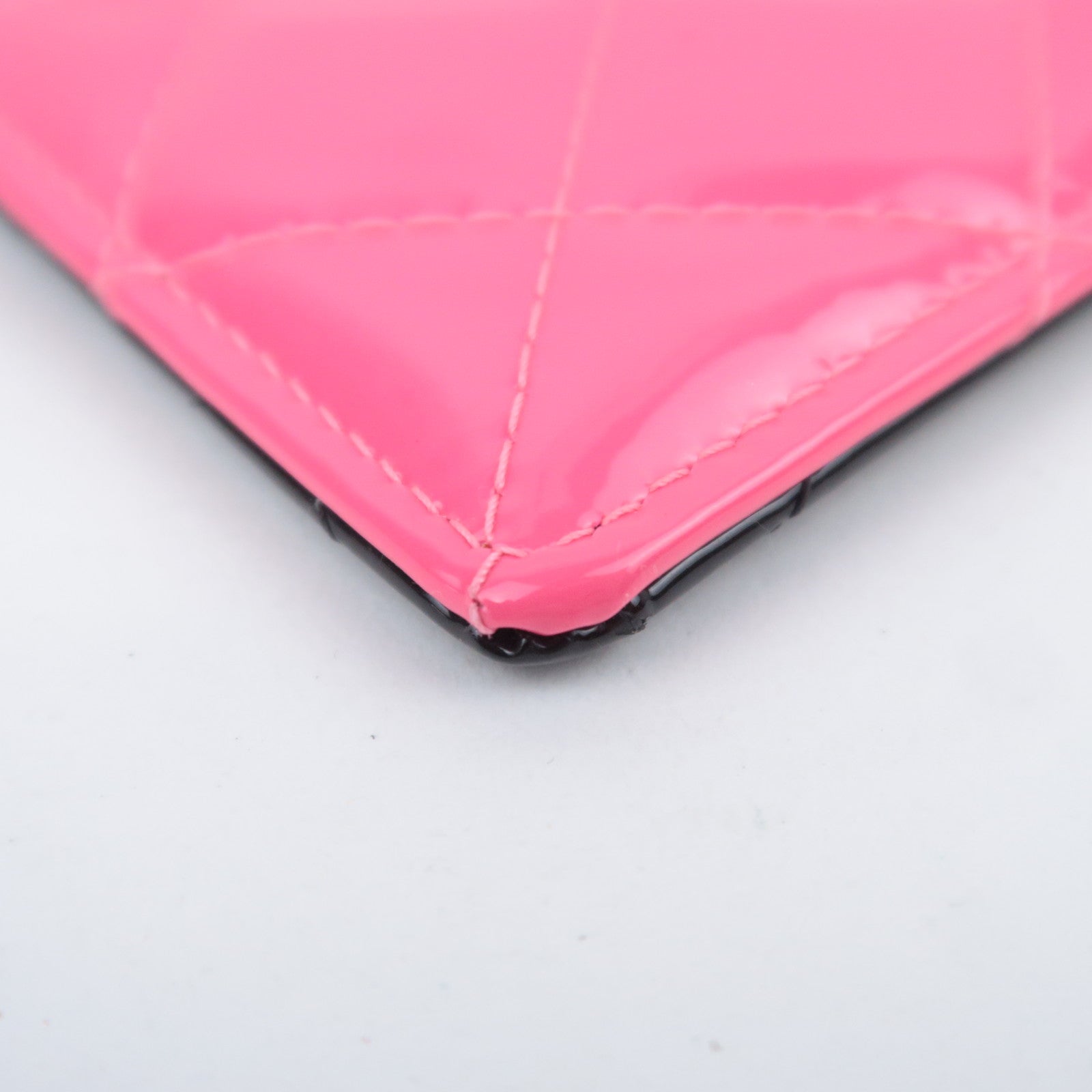 CHANEL Matelasse Patent Leather Chain Pass Case Holder Black Pink Silver HDW