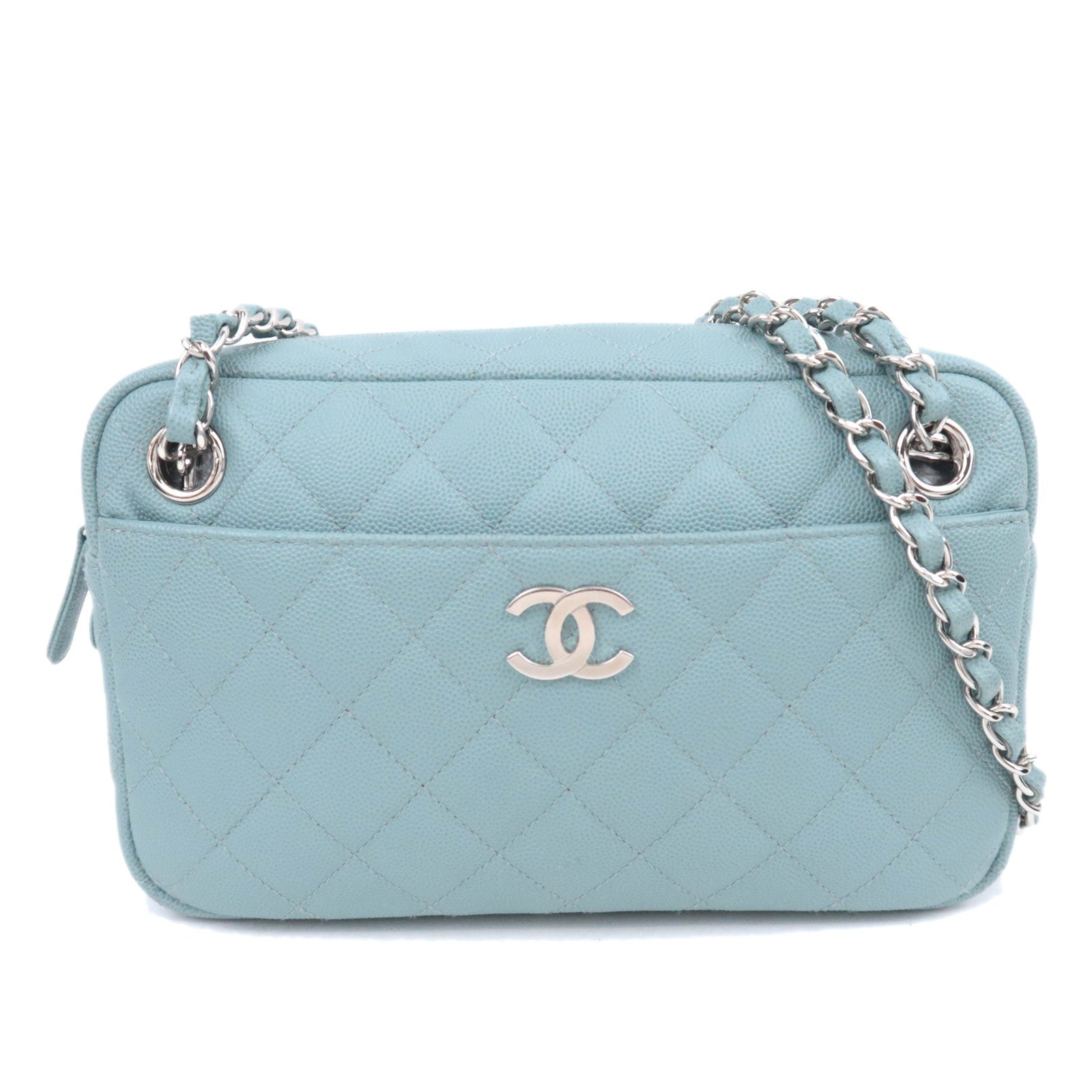 CHANEL Matelasse Chain Shoulder Bag Caviarskin Light Blue Silver HDW90942