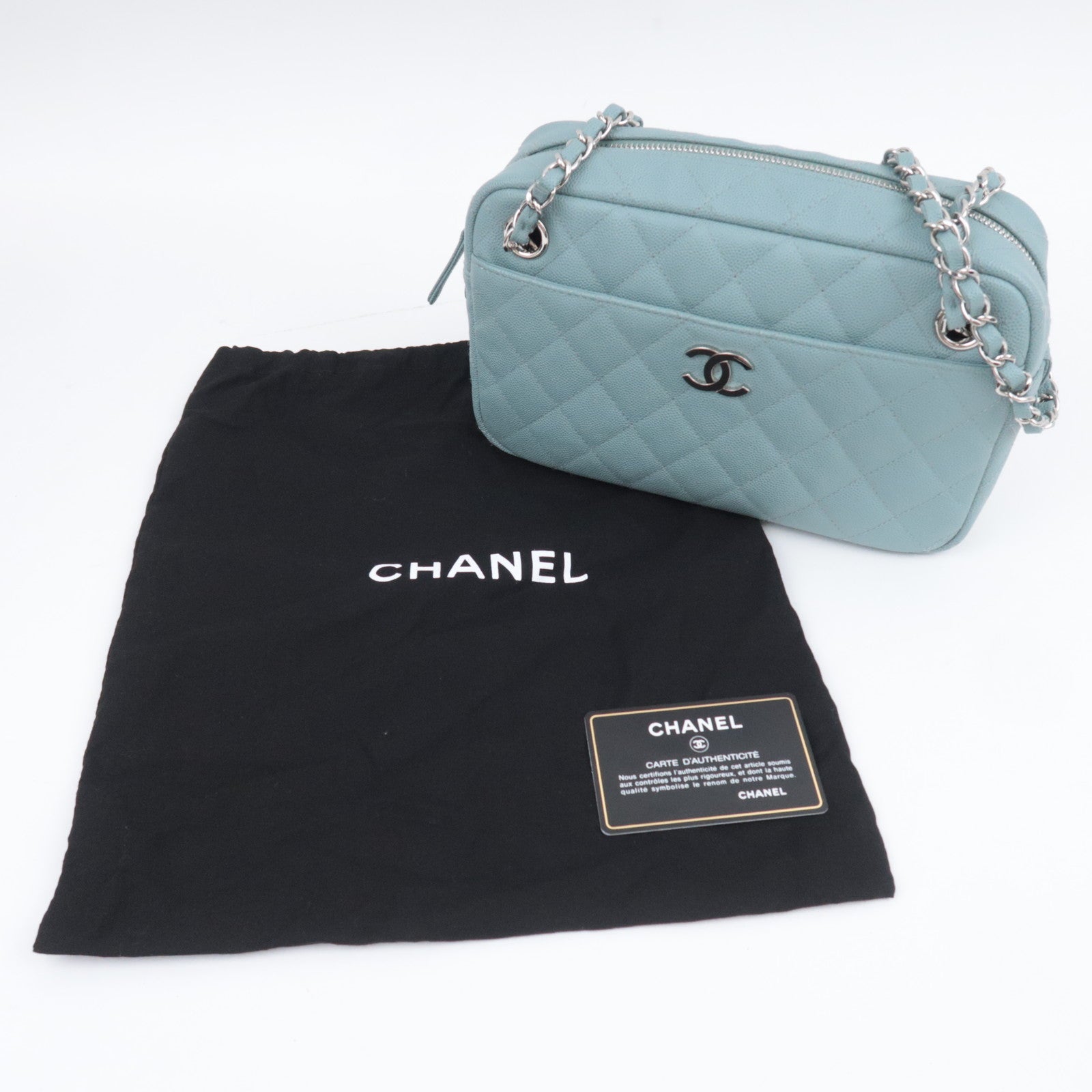 CHANEL Matelasse Chain Shoulder Bag Caviarskin Light Blue Silver HDW