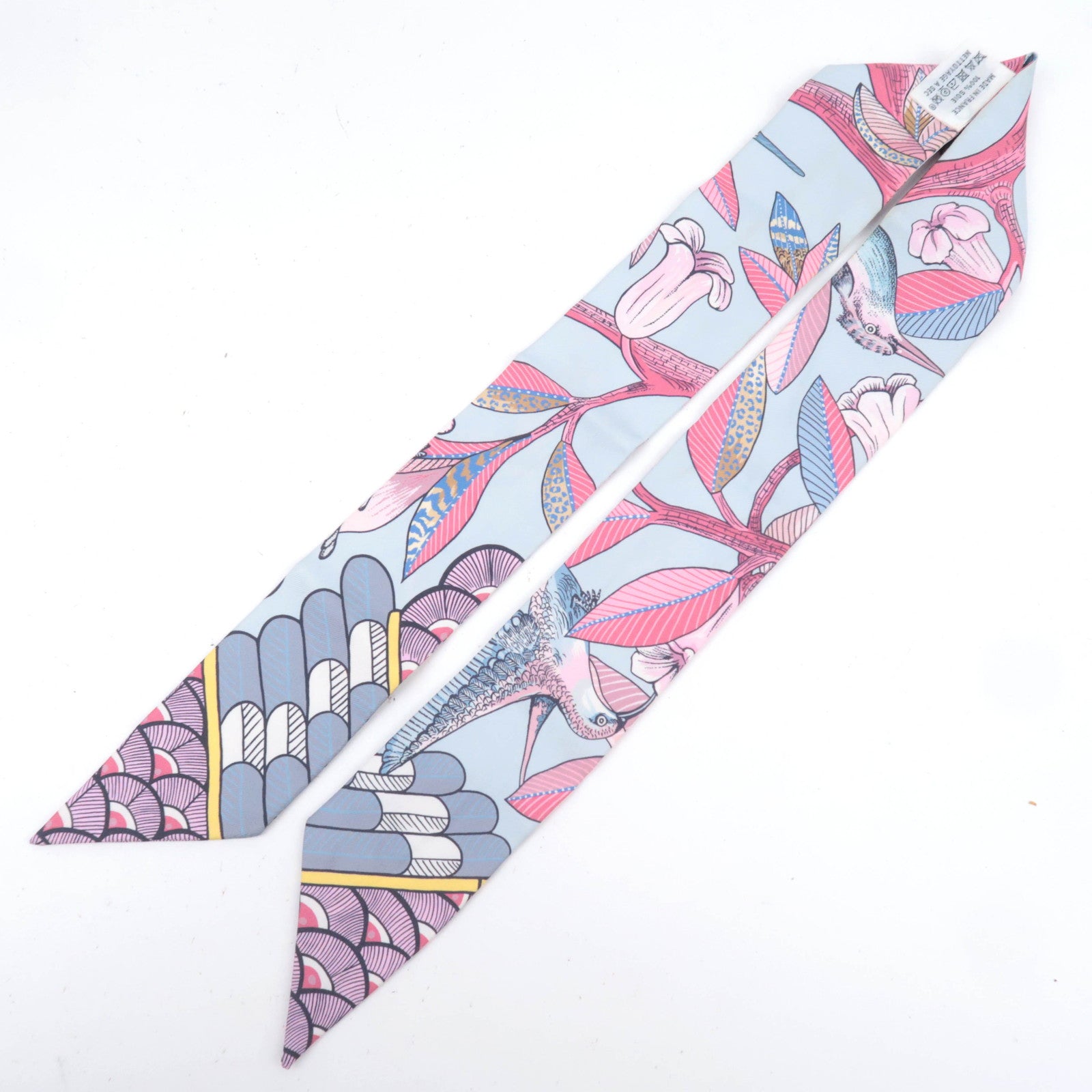 HERMES Twilly Scarf Tree of Song 100% Silk Light Blue