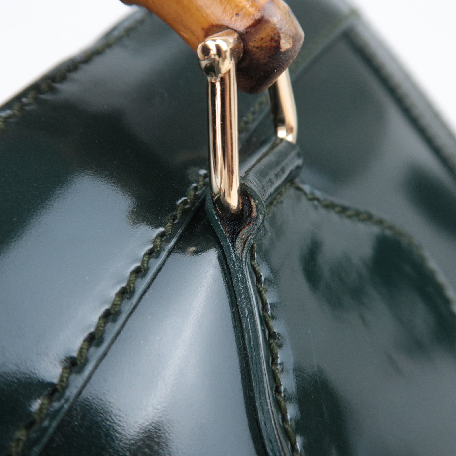 GUCCI Bamboo Leather Handbag Dark Green 002.8260