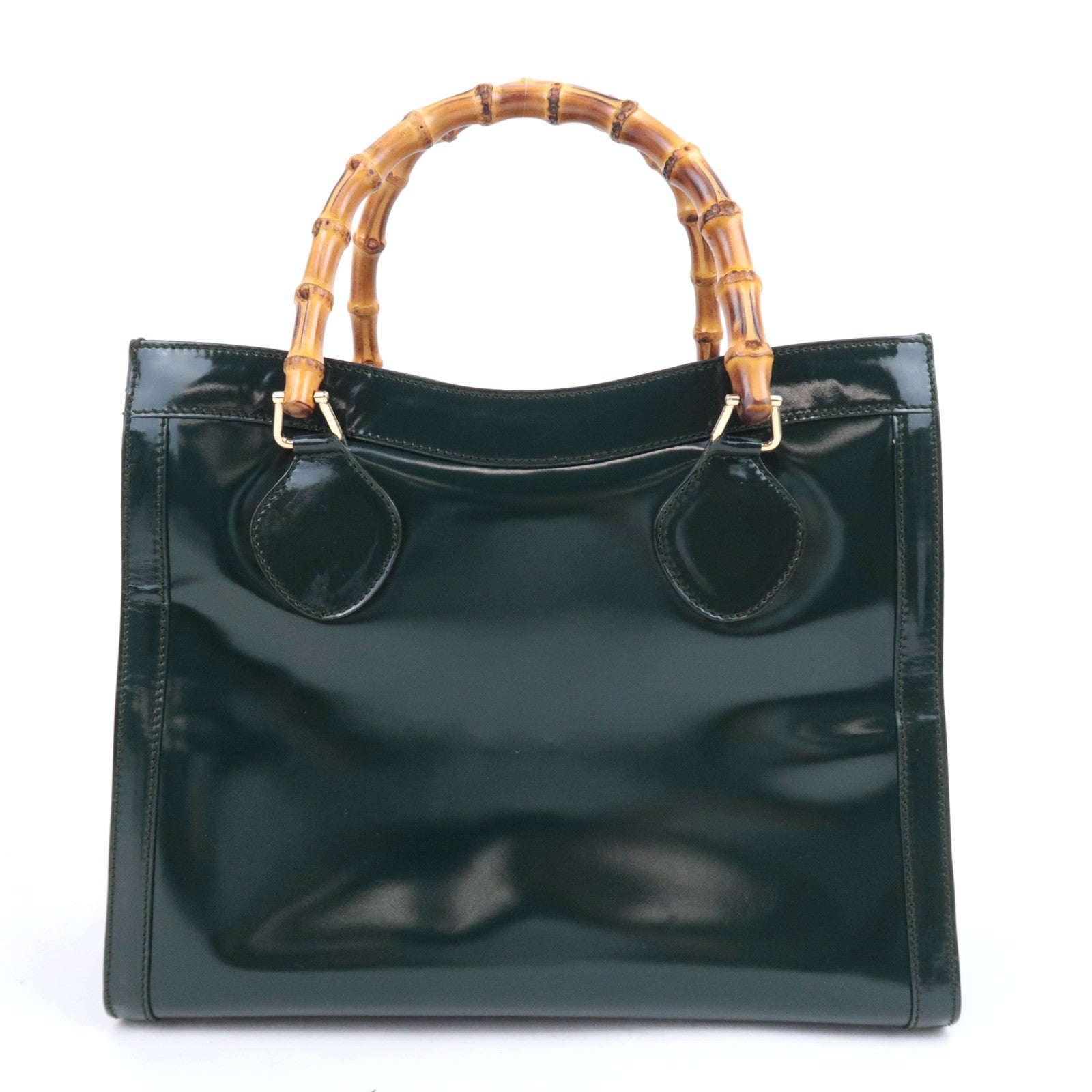 GUCCI Bamboo Leather Handbag Dark Green 002.8260