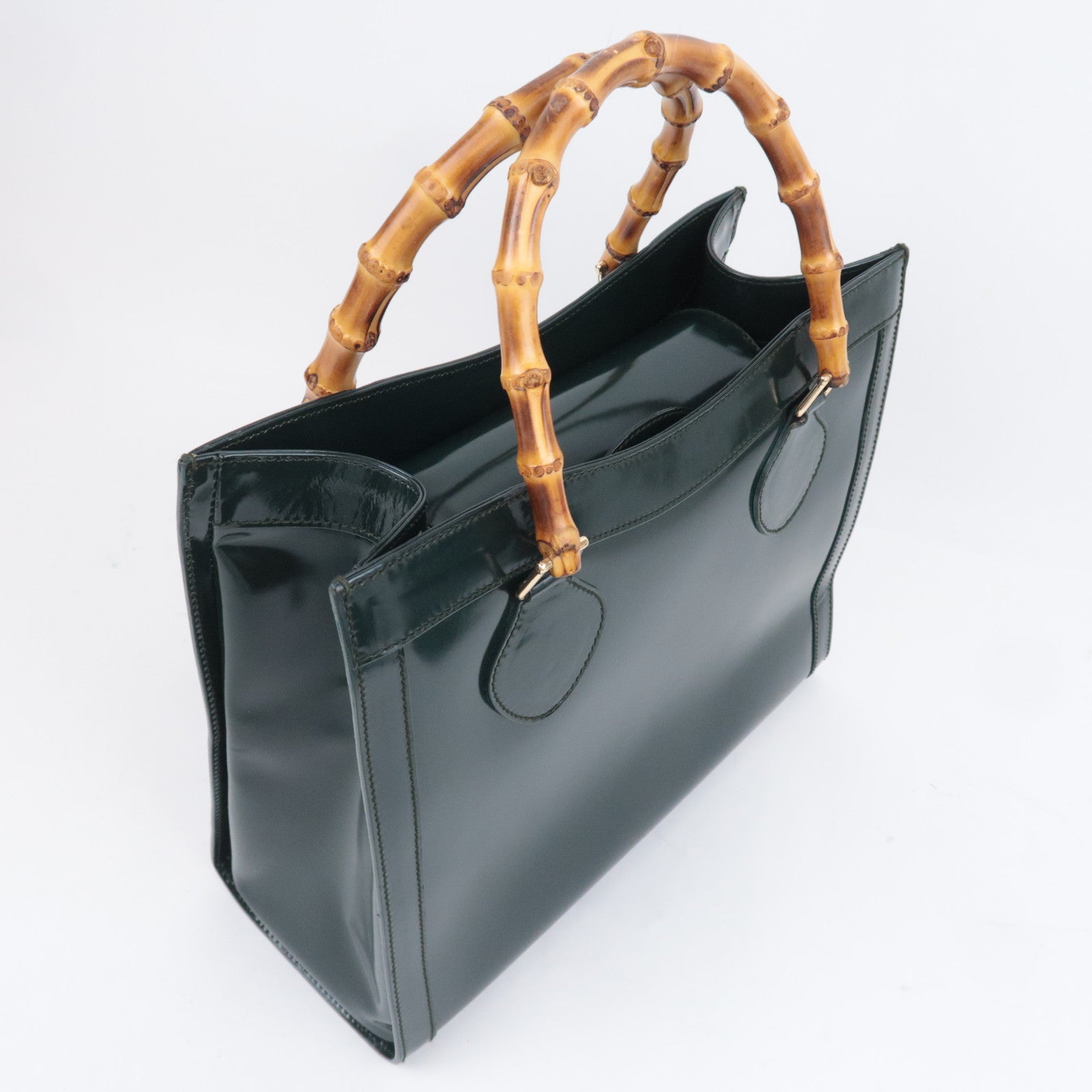 GUCCI Bamboo Leather Handbag Dark Green 002.8260