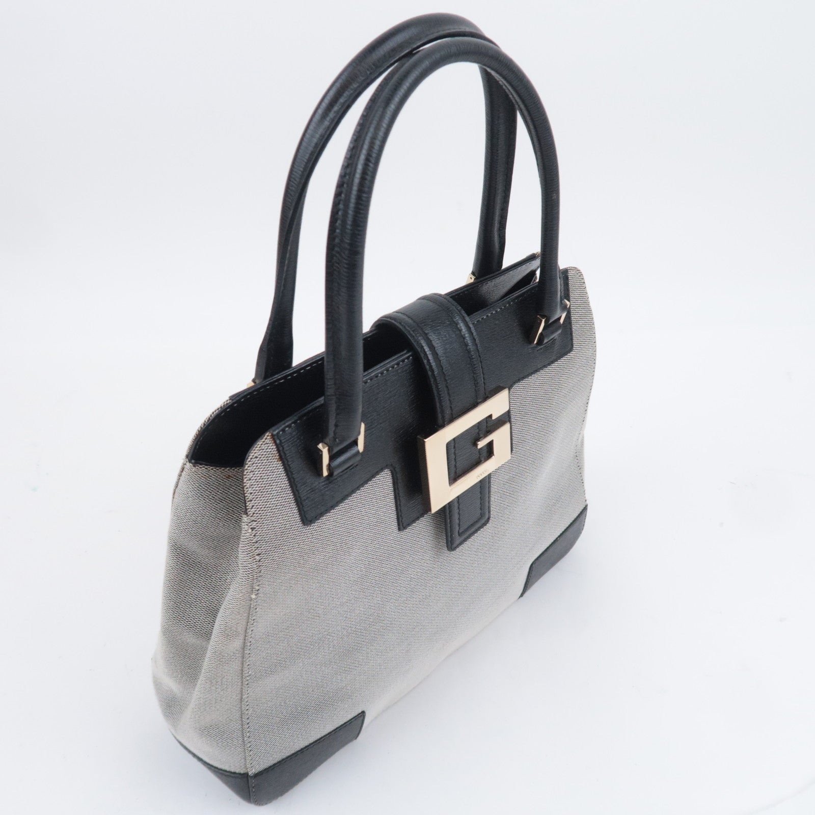 GUCCI G Logo Canvas Leather Handbag Gray Black 002.1103