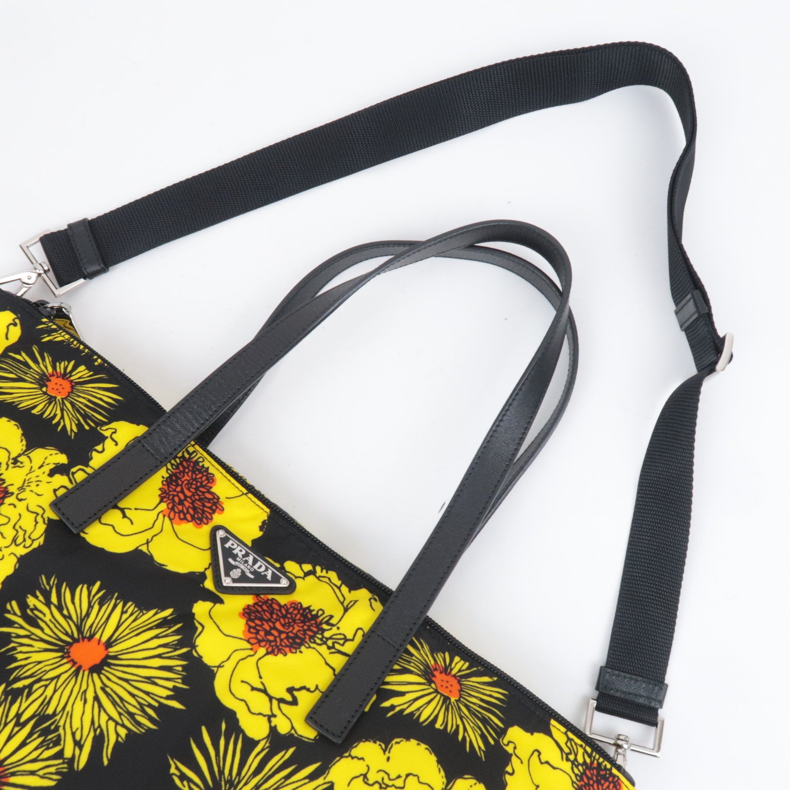 PRADA Flower Print 2Way Nylon Leather Tote Bag Black Yellow