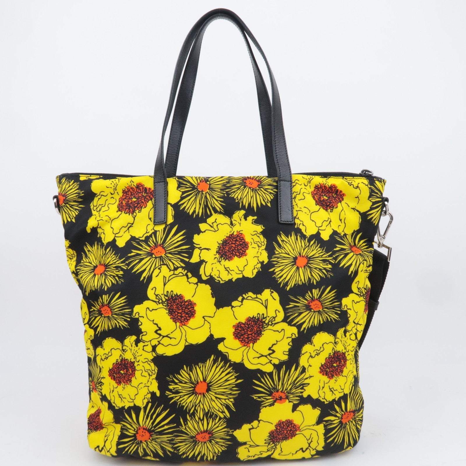 PRADA Flower Print 2Way Nylon Leather Tote Bag Black Yellow