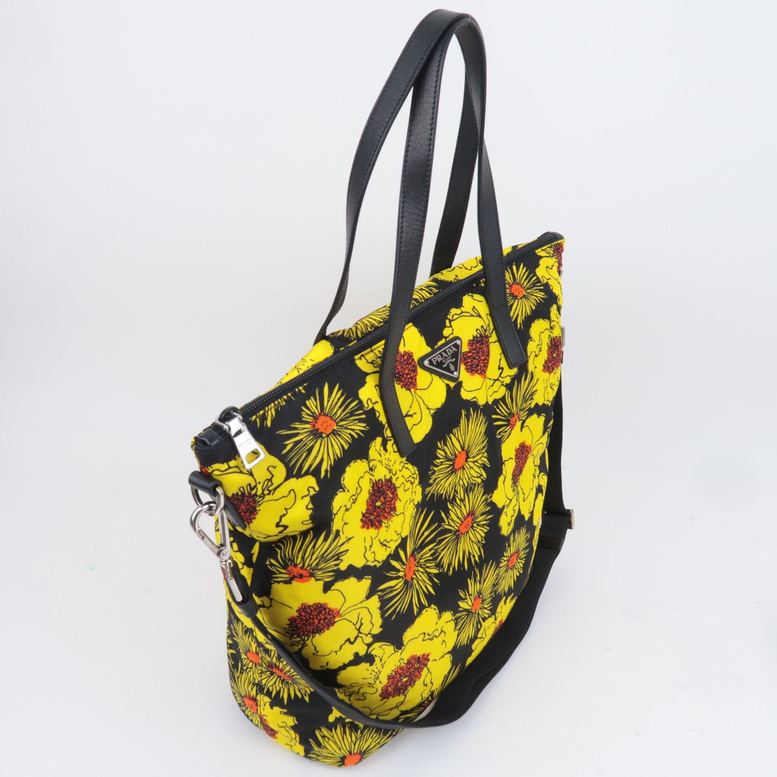 PRADA Flower Print 2Way Nylon Leather Tote Bag Black Yellow