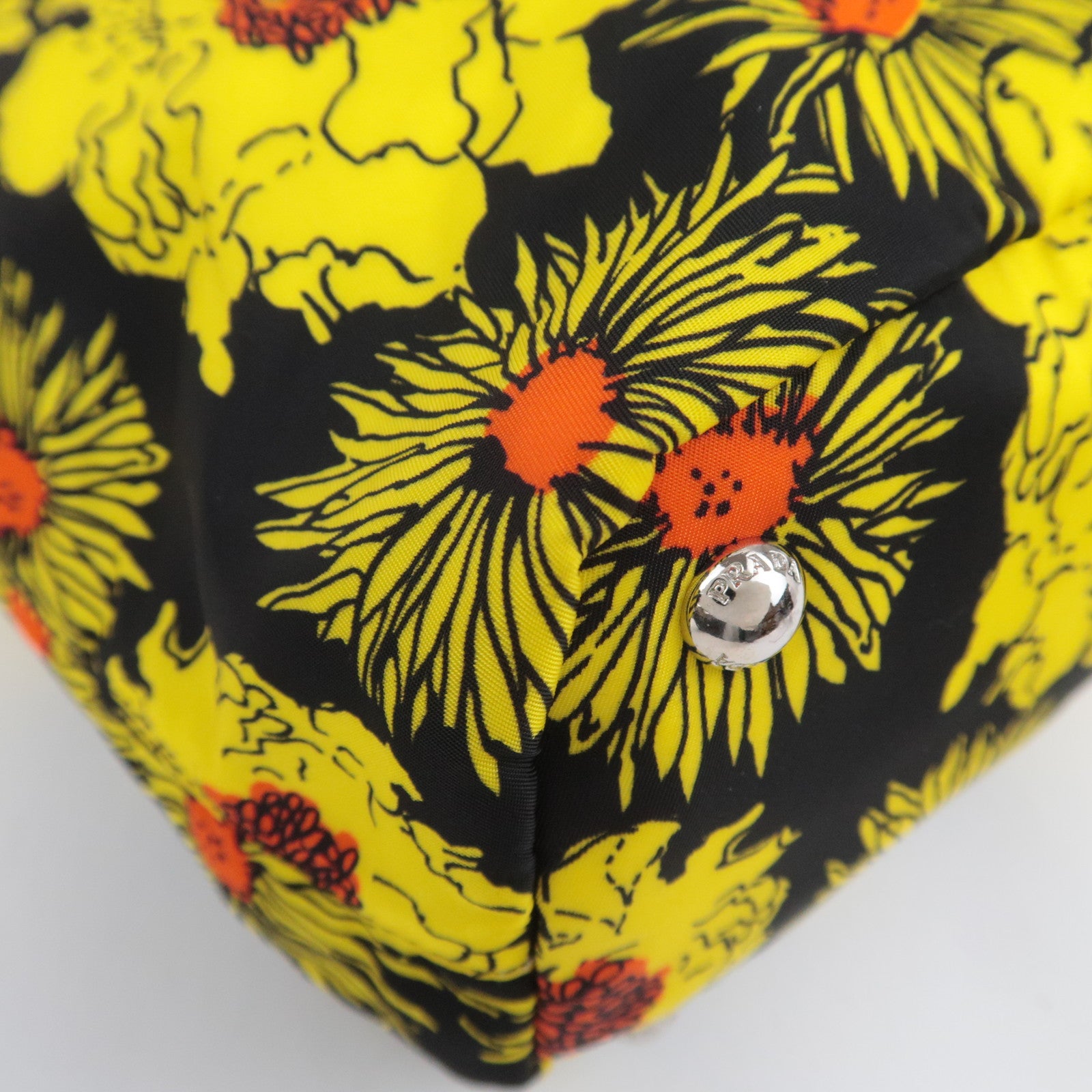 PRADA Flower Print 2Way Nylon Leather Tote Bag Black Yellow