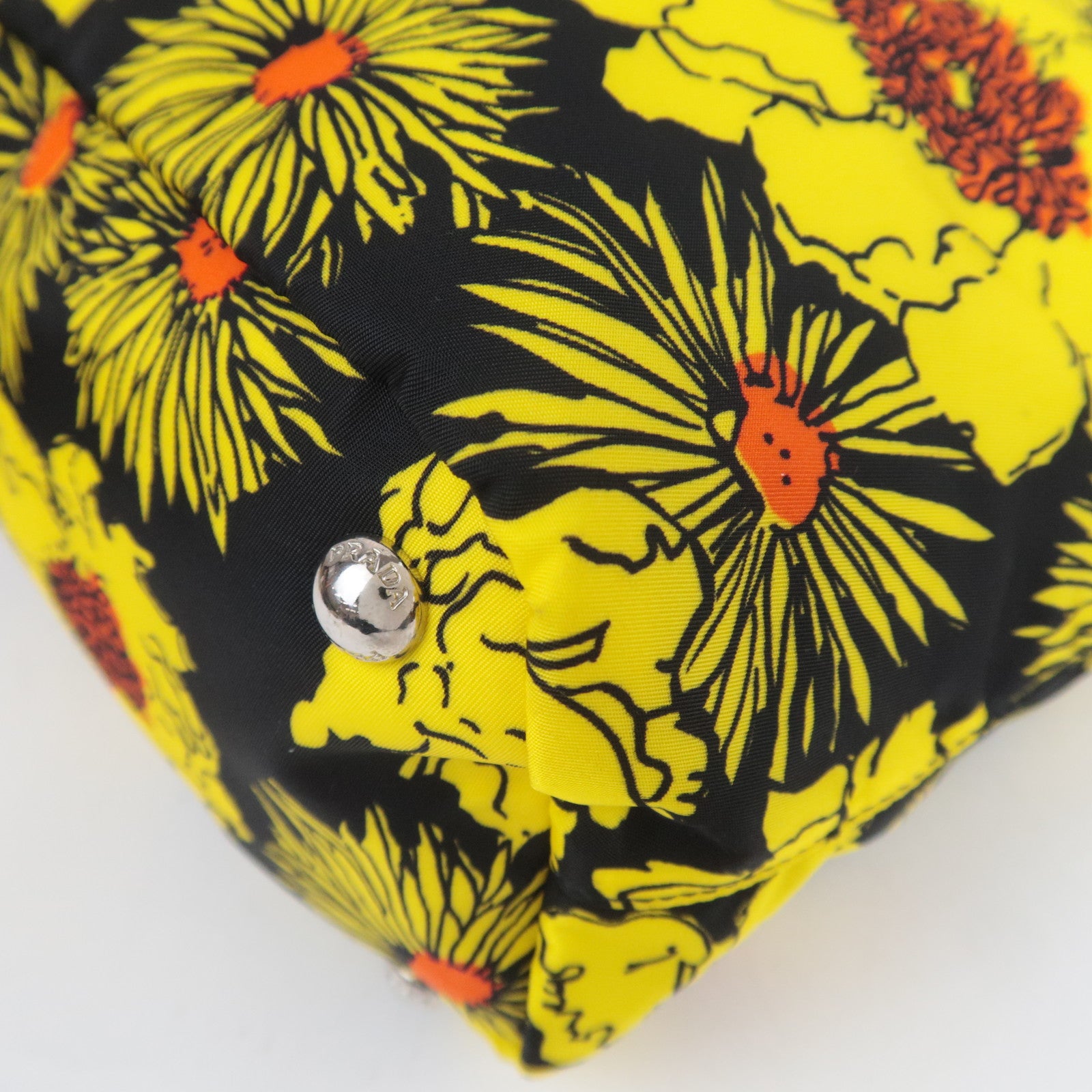 PRADA Flower Print 2Way Nylon Leather Tote Bag Black Yellow