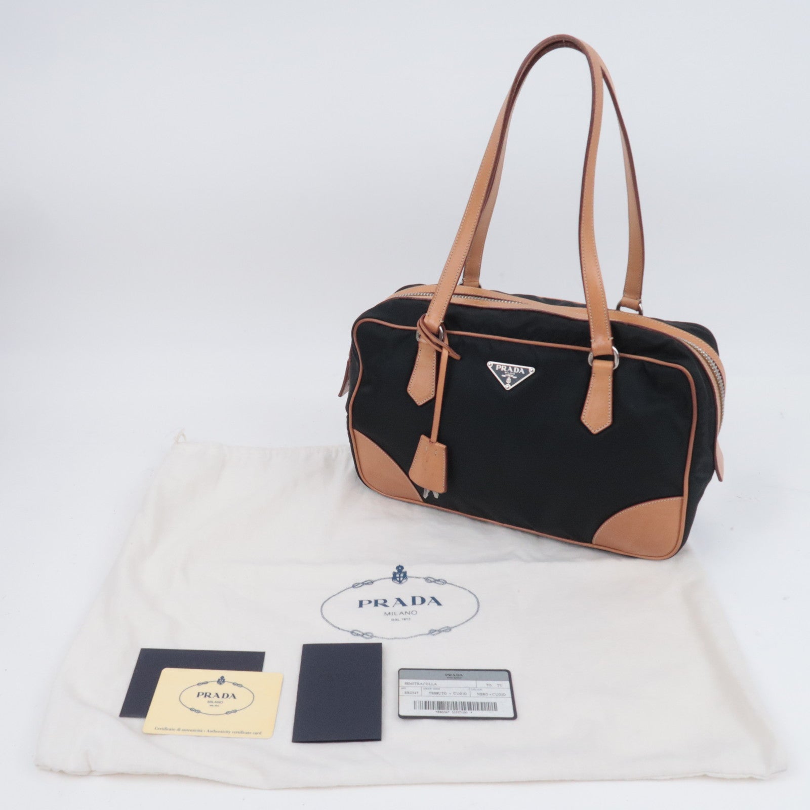 PRADA Nylon Leather Shoulder Bag Black Brown BR2347