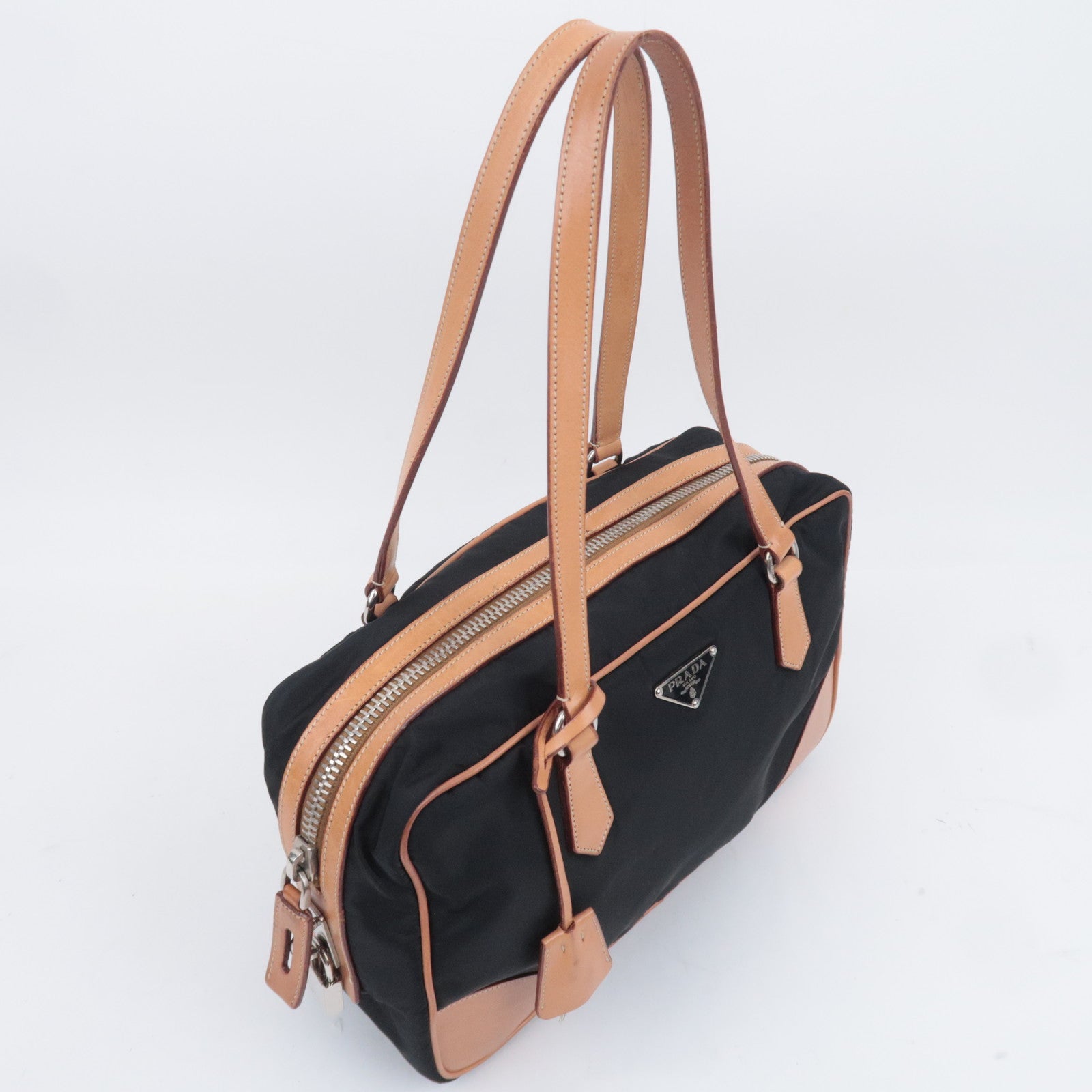 PRADA Nylon Leather Shoulder Bag Black Brown BR2347
