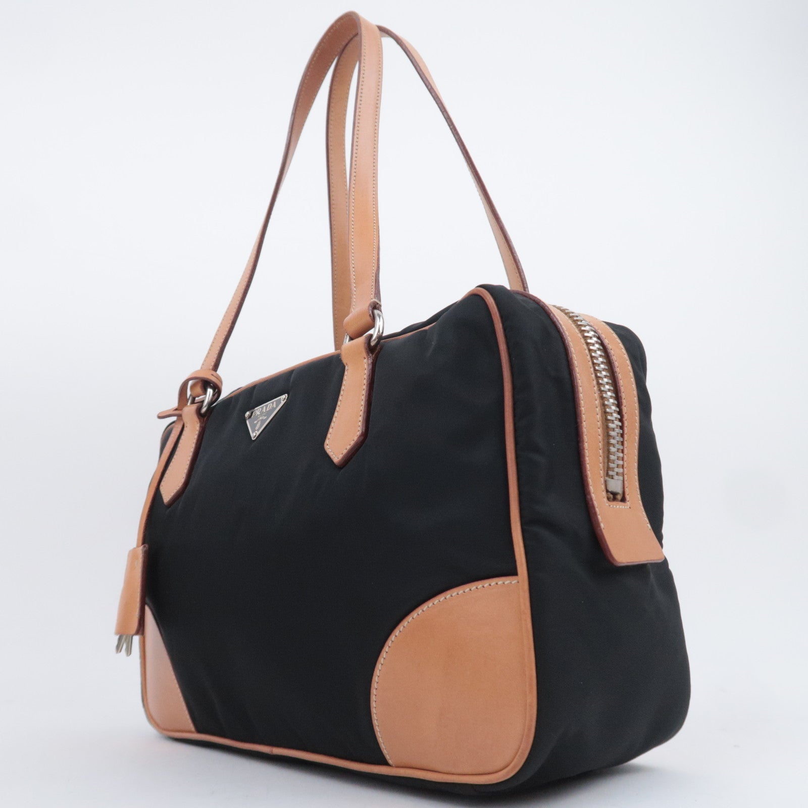 PRADA Nylon Leather Shoulder Bag Black Brown BR2347