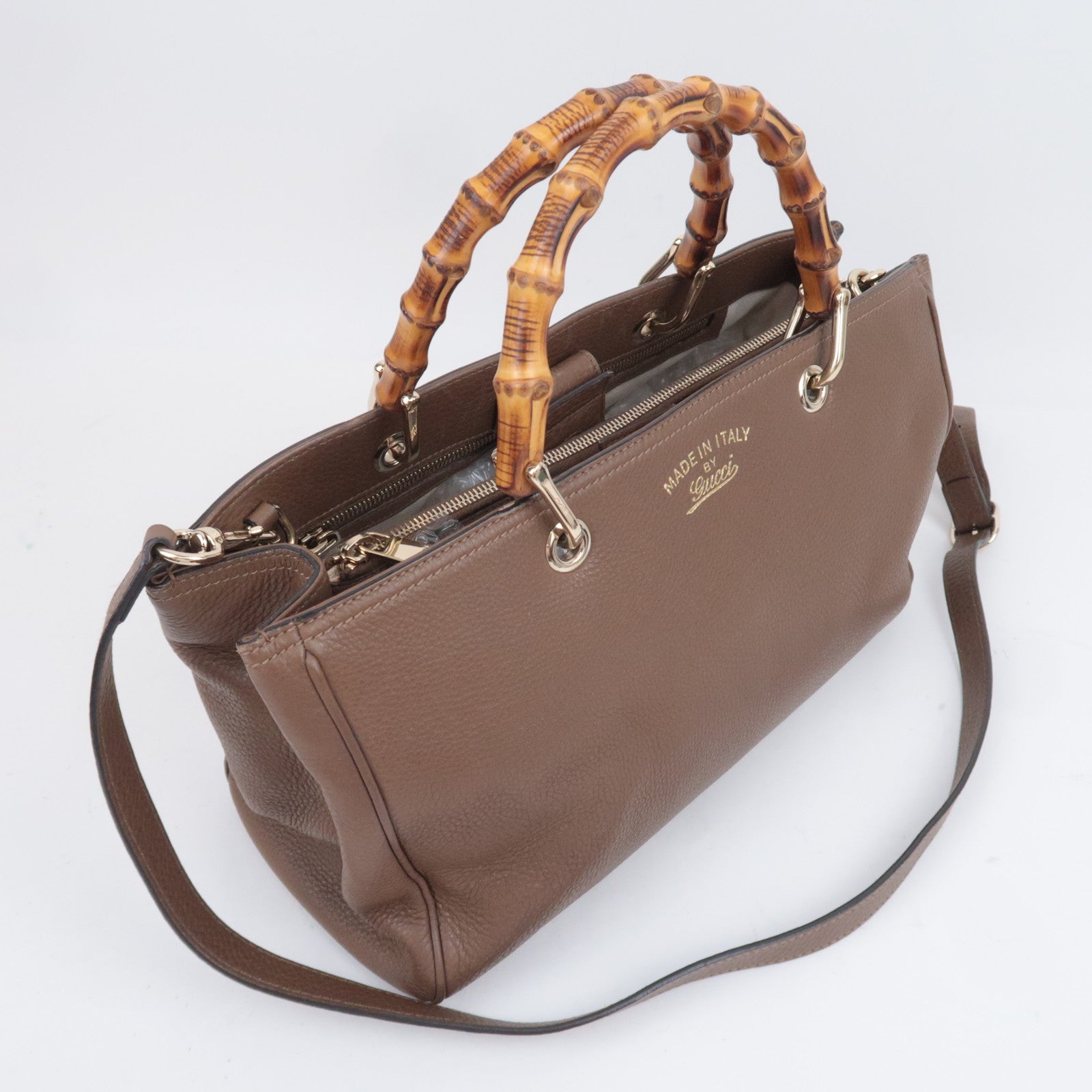 GUCCI Bamboo Shopper Medium 2Way Leather Handbag Brown 323660