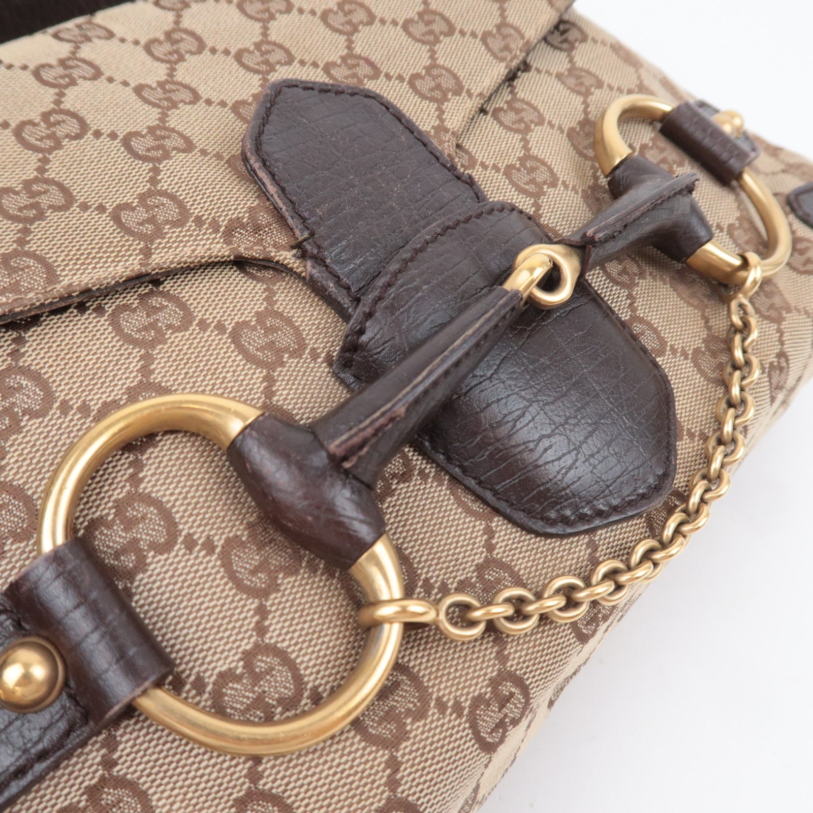 GUCCI Horsebit GG Canvas Shoulder Bag Beige Brown 114915