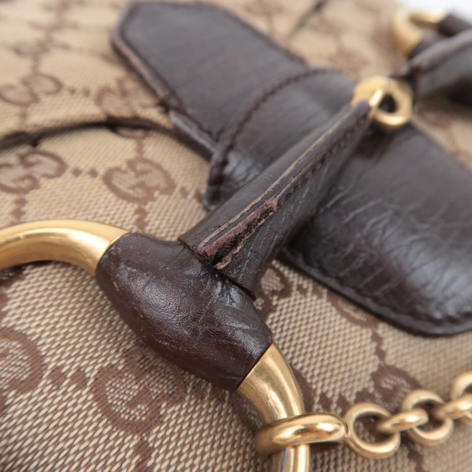 GUCCI Horsebit GG Canvas Shoulder Bag Beige Brown 114915