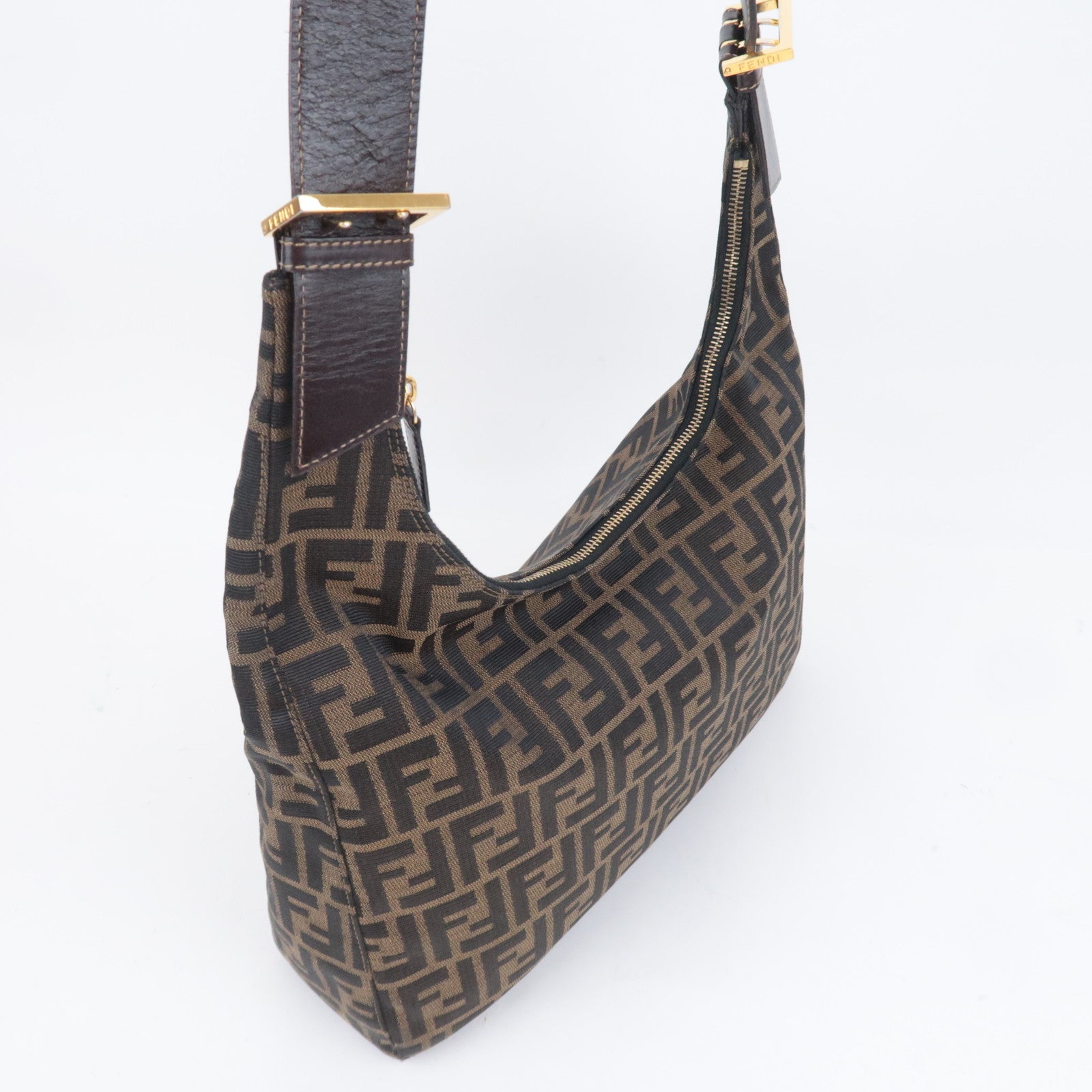 FENDI Zucca Canvas Leather Shoulder Bag Brown Black