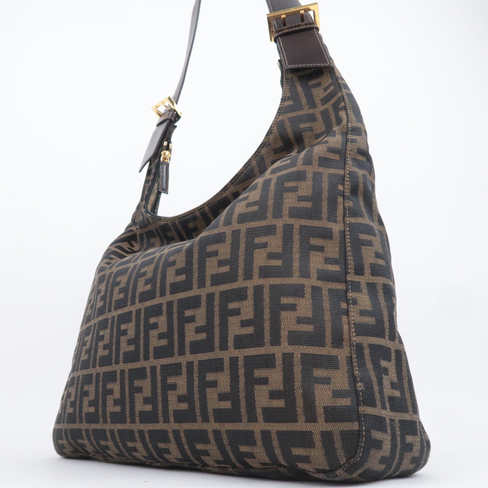 FENDI Zucca Canvas Leather Shoulder Bag Brown Black