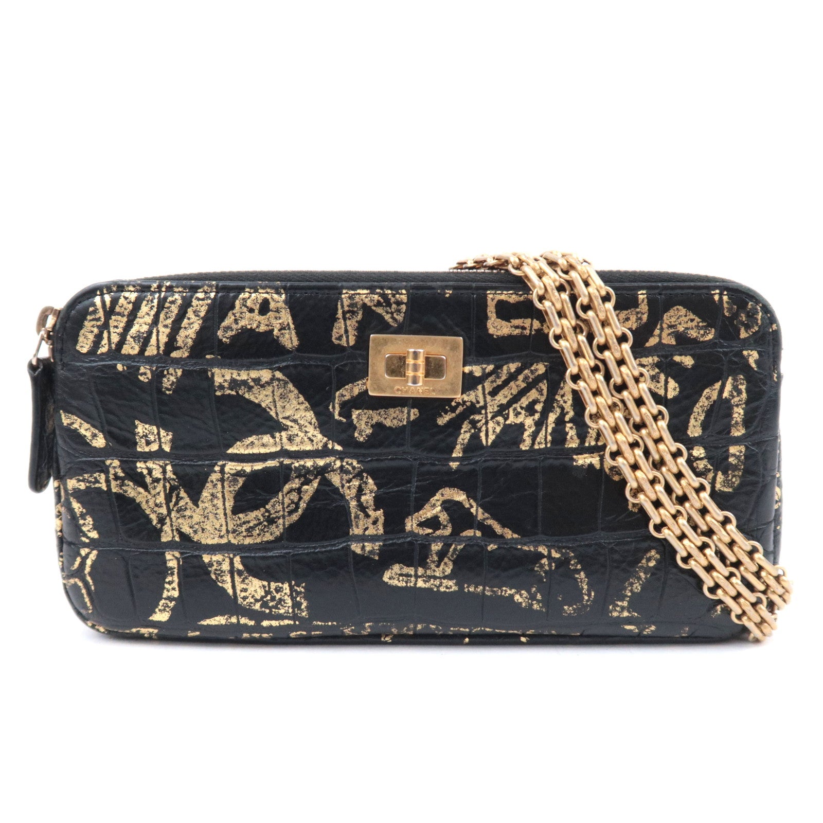 CHANEL 2.55 Reissue Graffiti Leather Chain Shoulder Bag Black Gold91079