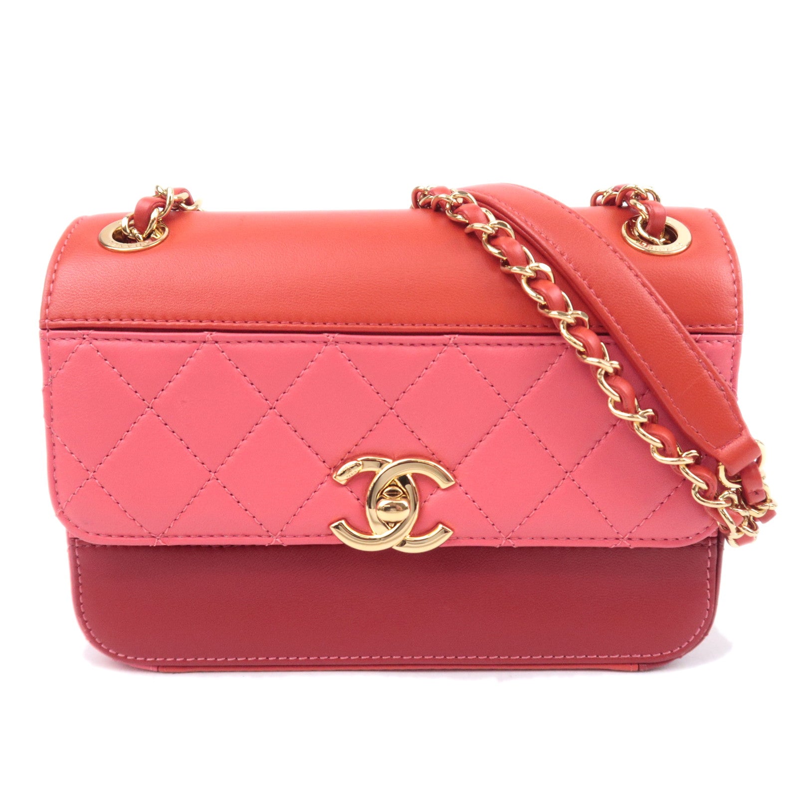 CHANEL Matelasse Double Chain Shoulder Bag Lambskin Pink Red Gold HDW91096
