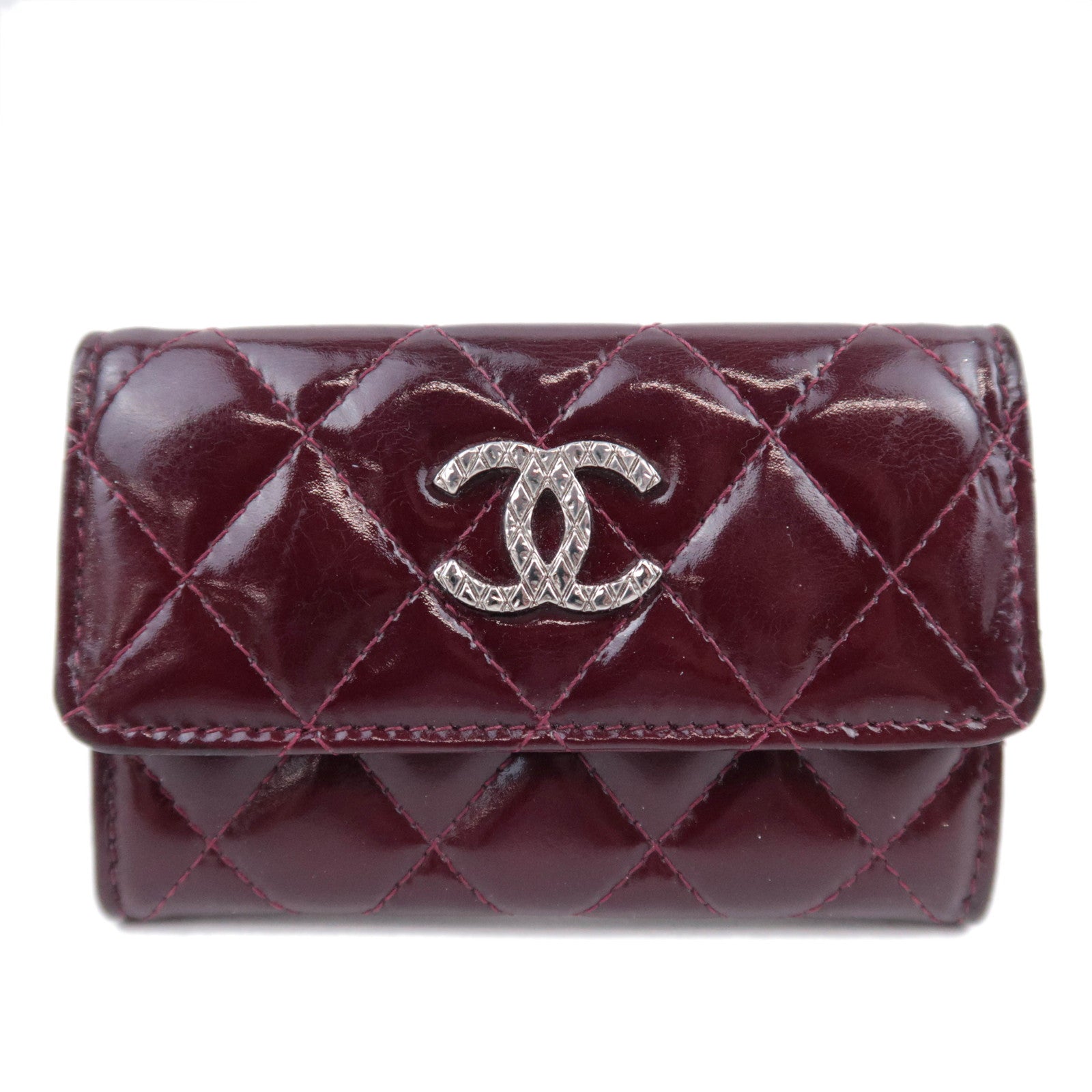 CHANEL Coco Mark Brilliant Matelasse Patent Coin Case Burgundy91118