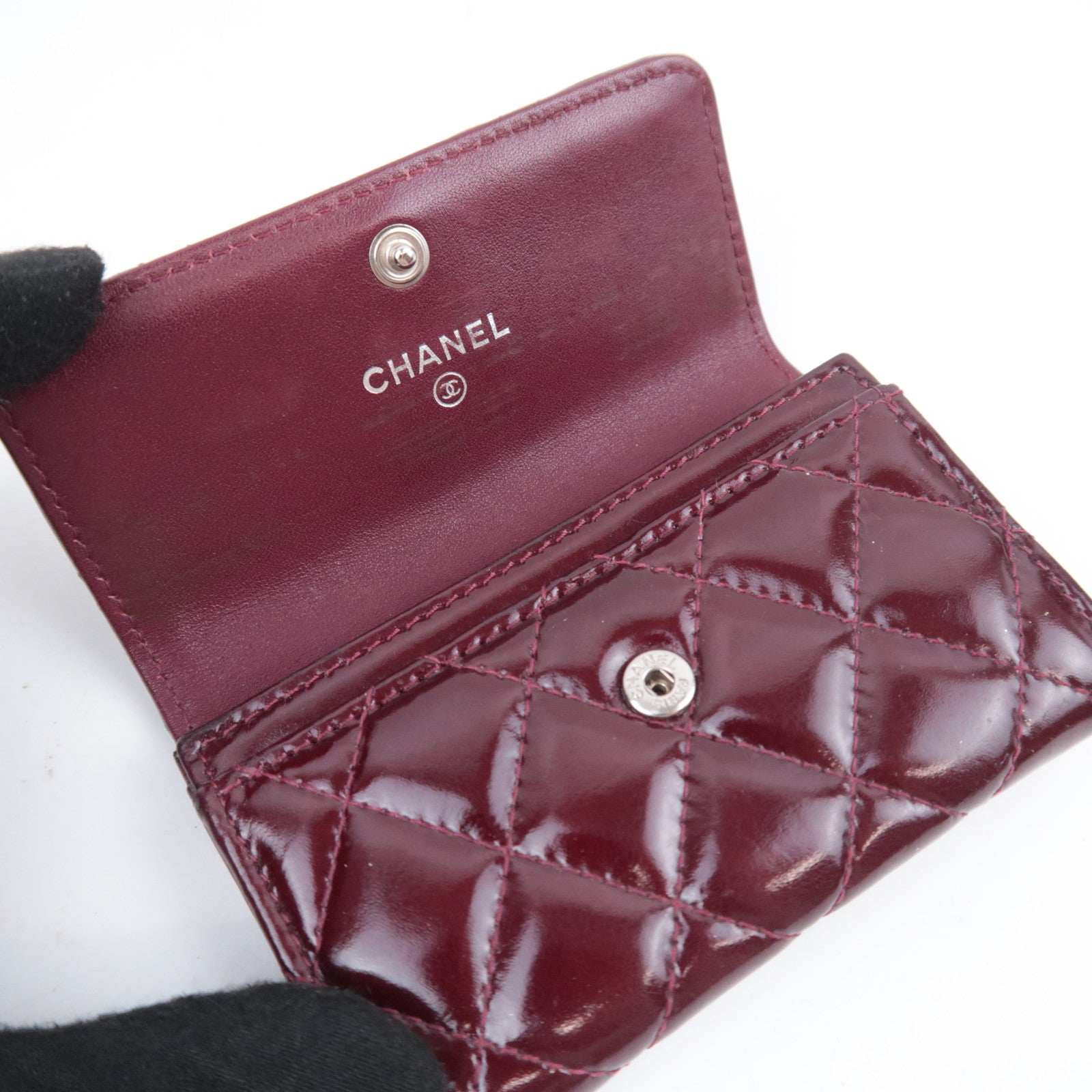CHANEL Coco Mark Brilliant Matelasse Patent Coin Case Burgundy