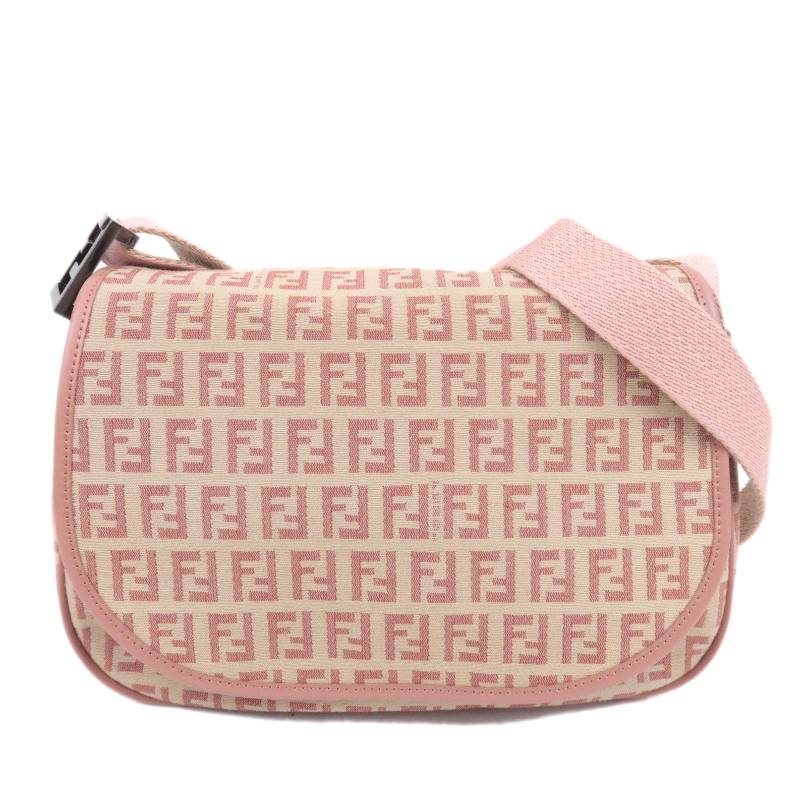 FENDI Zucchino Canvas Leather Shoulder Bag Beige Pink 8BR32091123