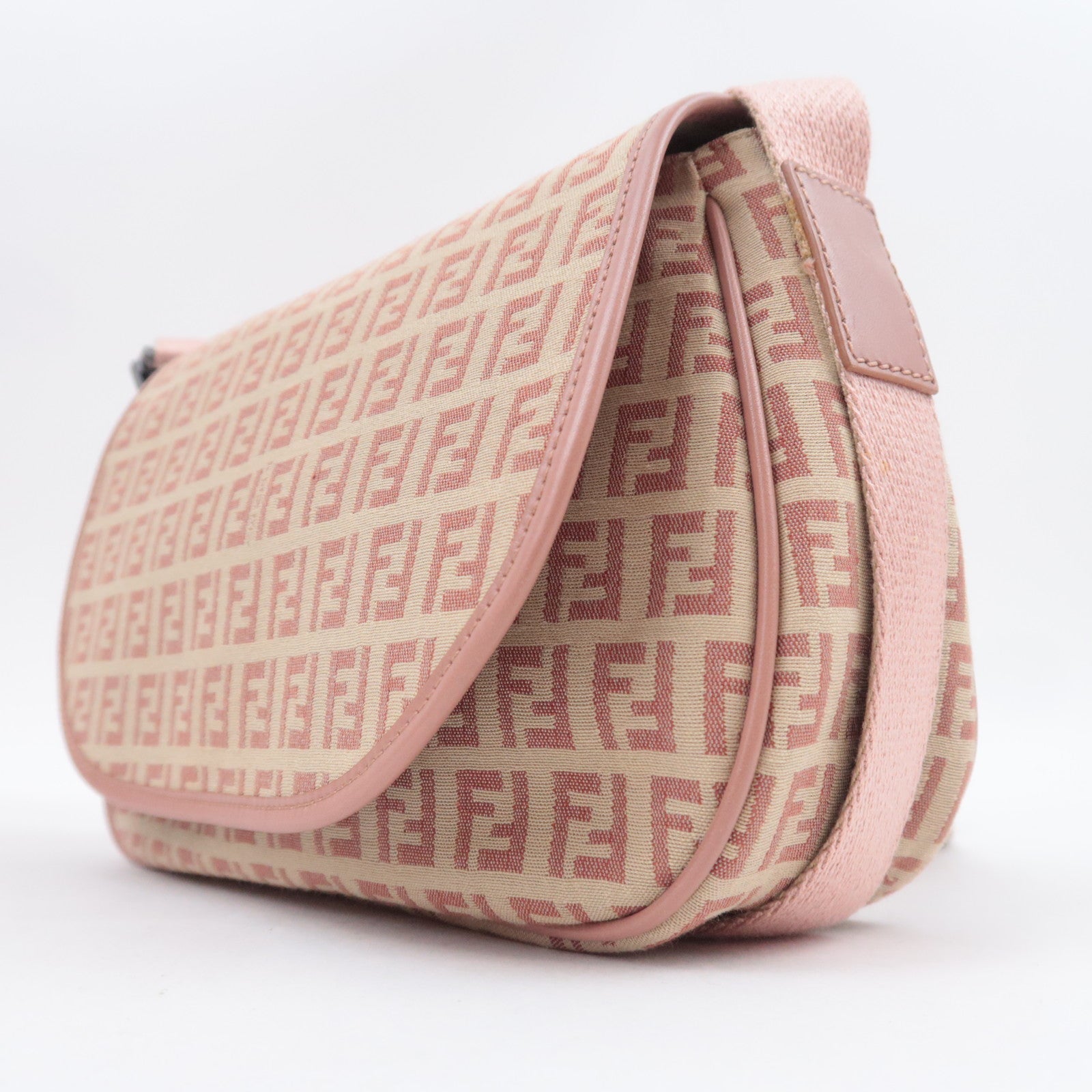 FENDI Zucchino Canvas Leather Shoulder Bag Beige Pink 8BR320