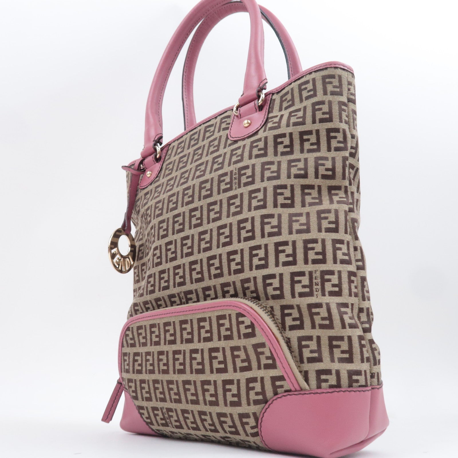 FENDI Zucchino Canvas Leather Tote Bag Beige Pink 8BH139