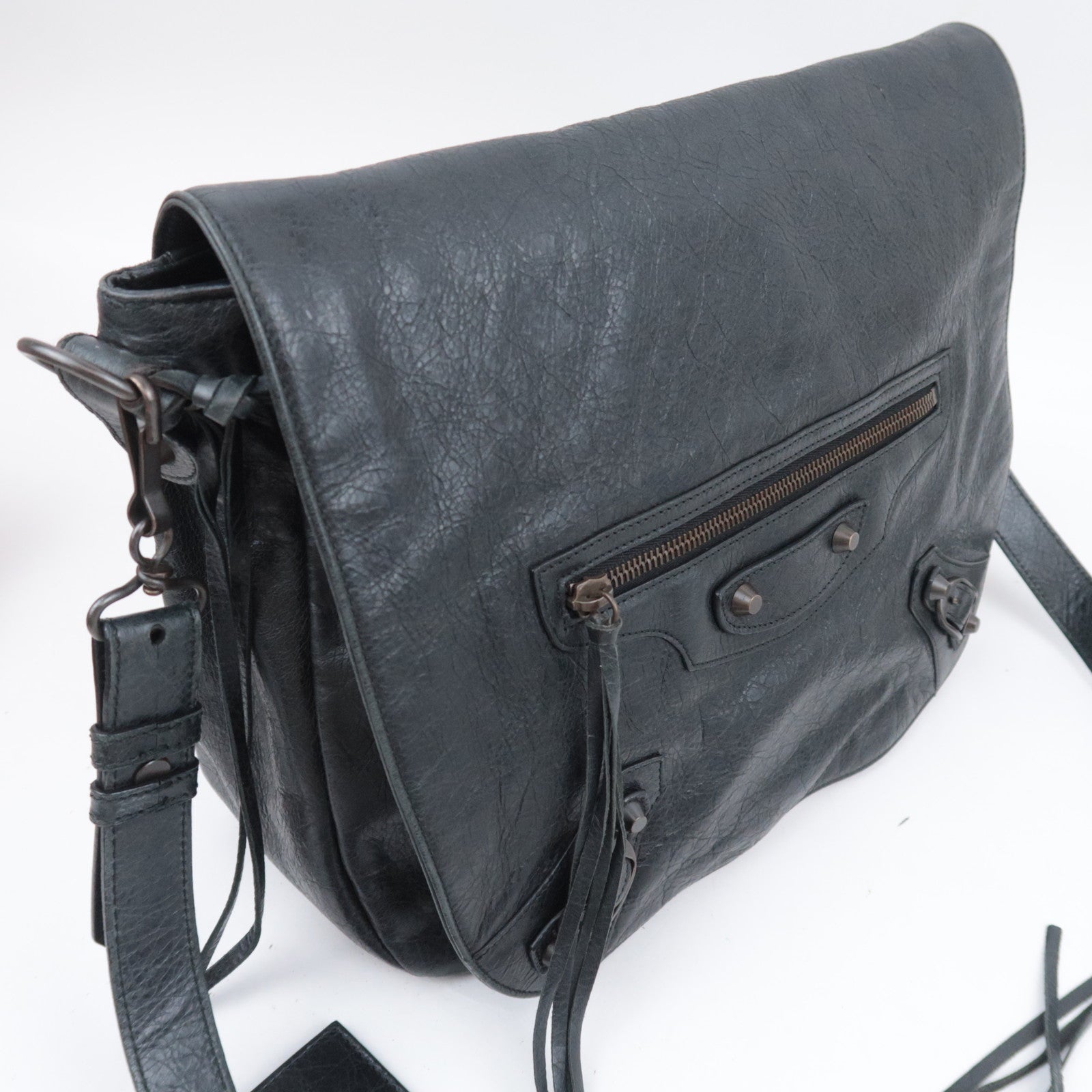 BALENCIAGA The Folk Leather Shoulder Bag Black 246432