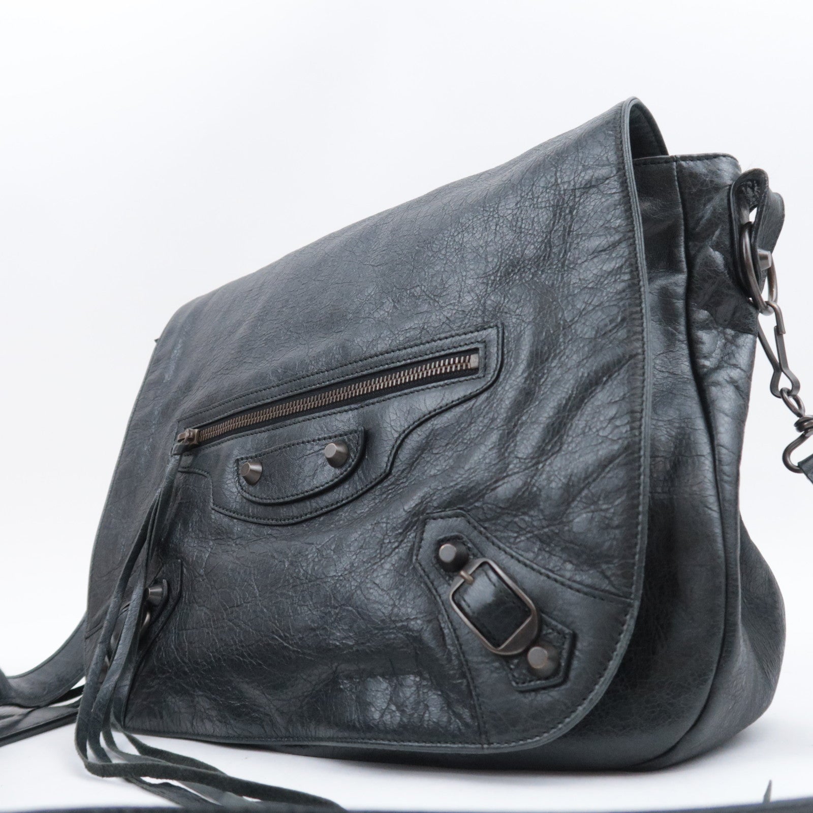 BALENCIAGA The Folk Leather Shoulder Bag Black 246432