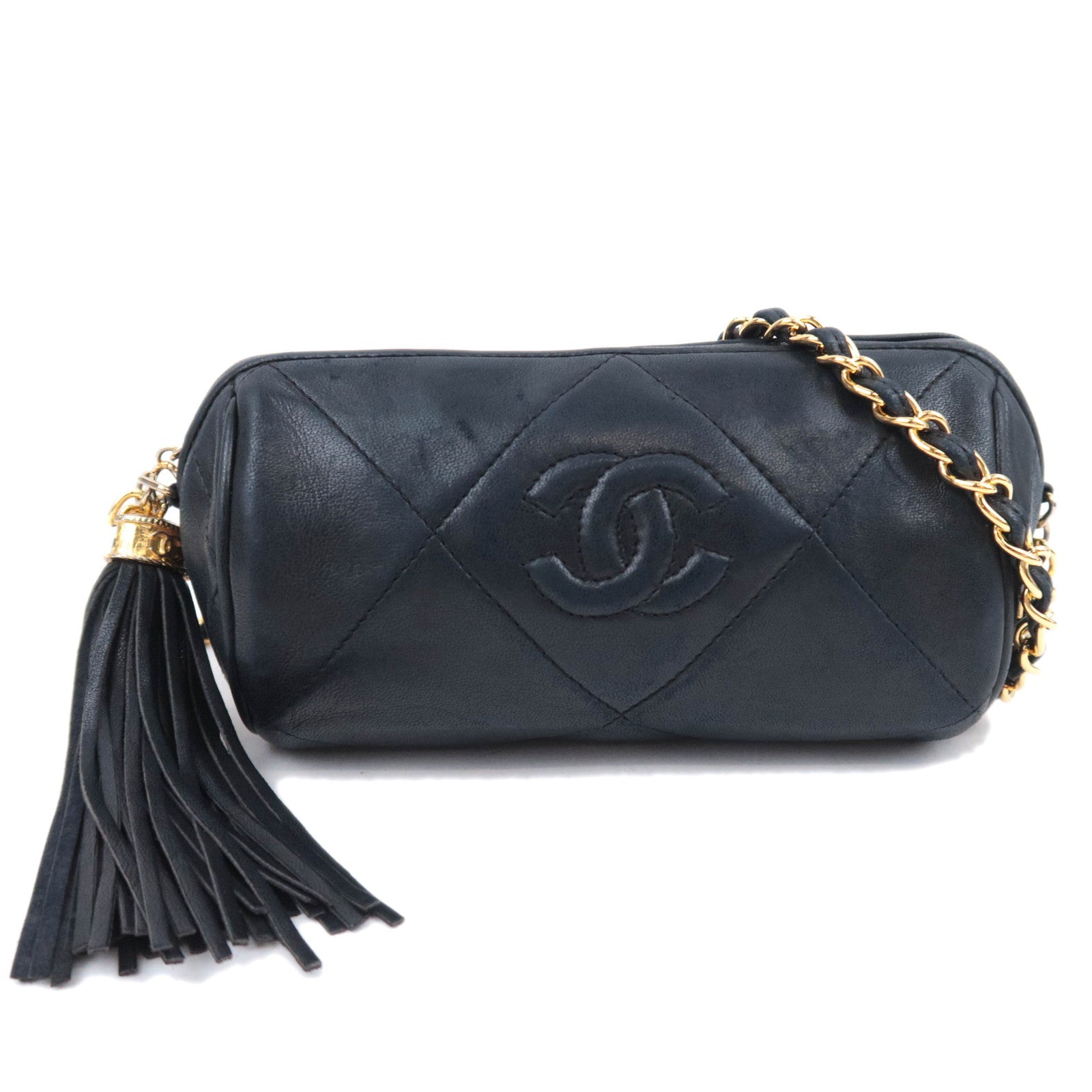 CHANEL Coco Mark Matelasse Tassel Chain Shoulder Bag Lambskin Black Gold HDW91136