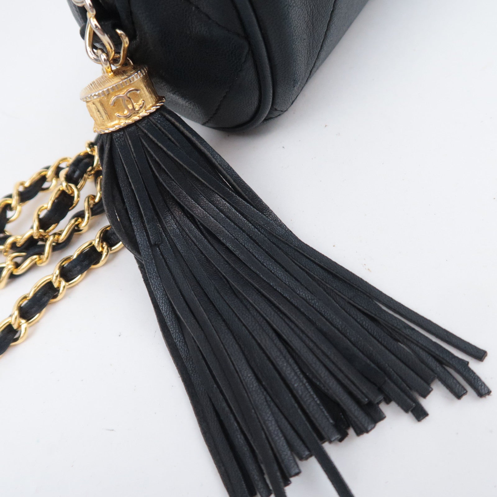 CHANEL Coco Mark Matelasse Tassel Chain Shoulder Bag Lambskin Black Gold HDW