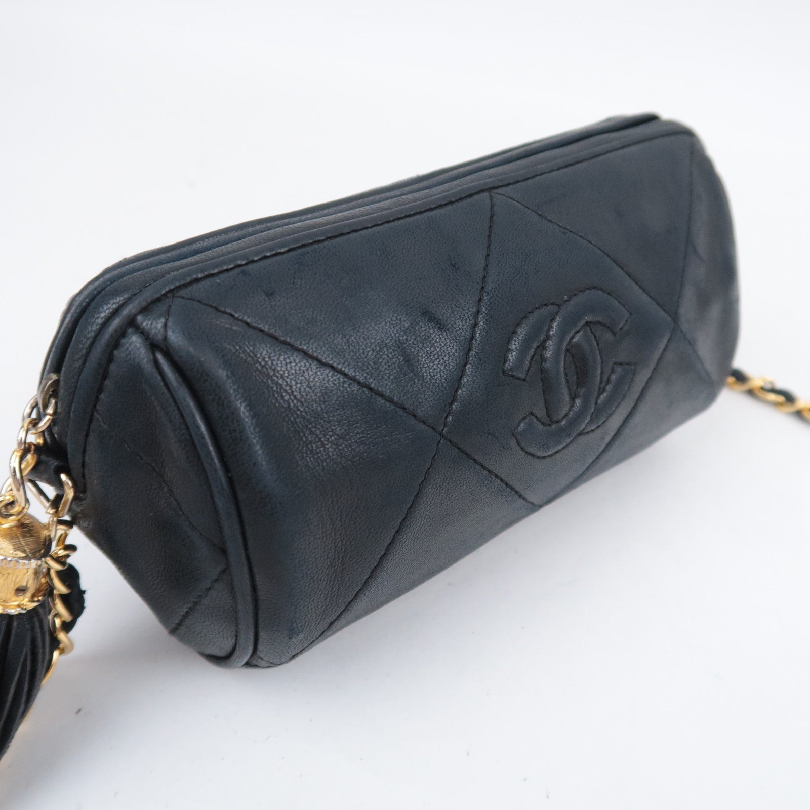 CHANEL Coco Mark Matelasse Tassel Chain Shoulder Bag Lambskin Black Gold HDW