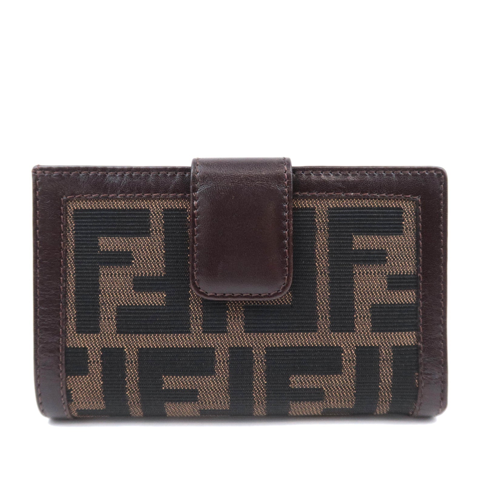 FENDI Zucca Canvas Leather Kiss Lock Wallet Brown Black 0169291186