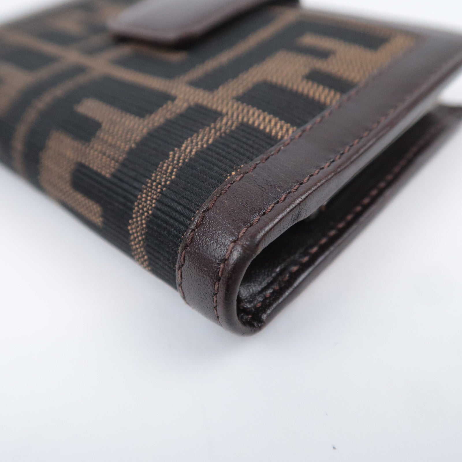 FENDI Zucca Canvas Leather Kiss Lock Wallet Brown Black 01692