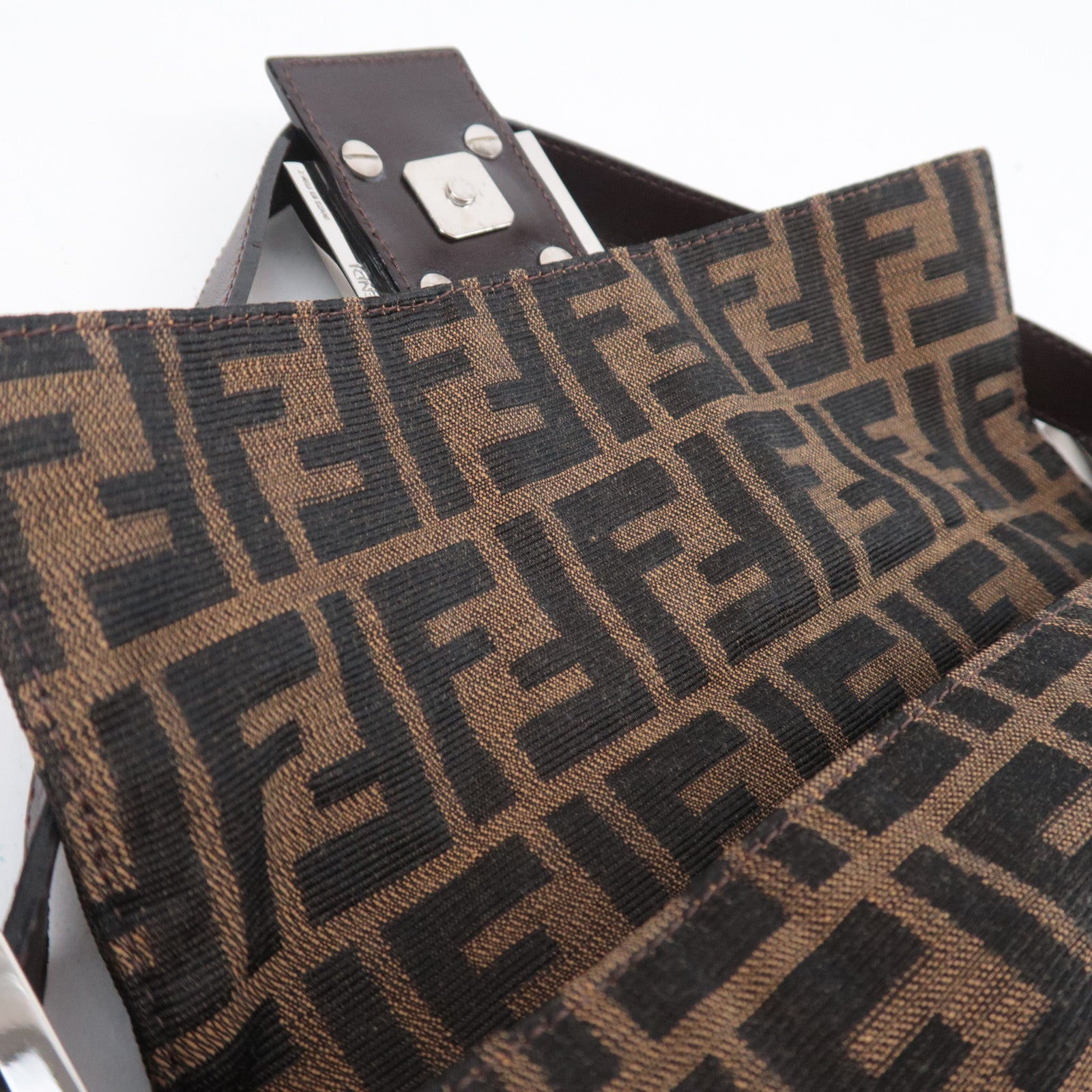 FENDI Zucca Mamma Baguette Canvas Leather Shoulder Bag Brown Black 26424