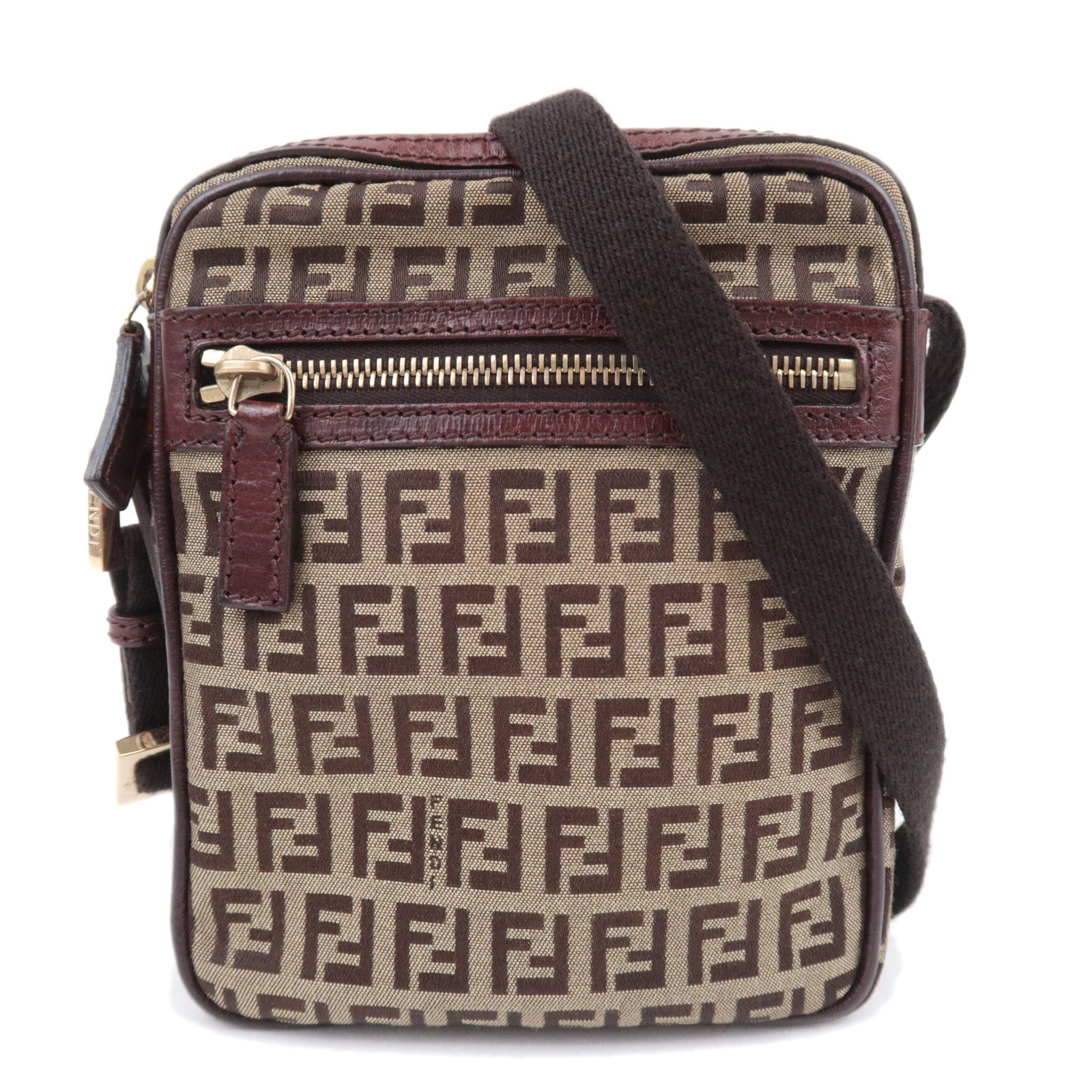 FENDI Zucchino Canvas Leather Shoulder Bag Brown 8BT09891199