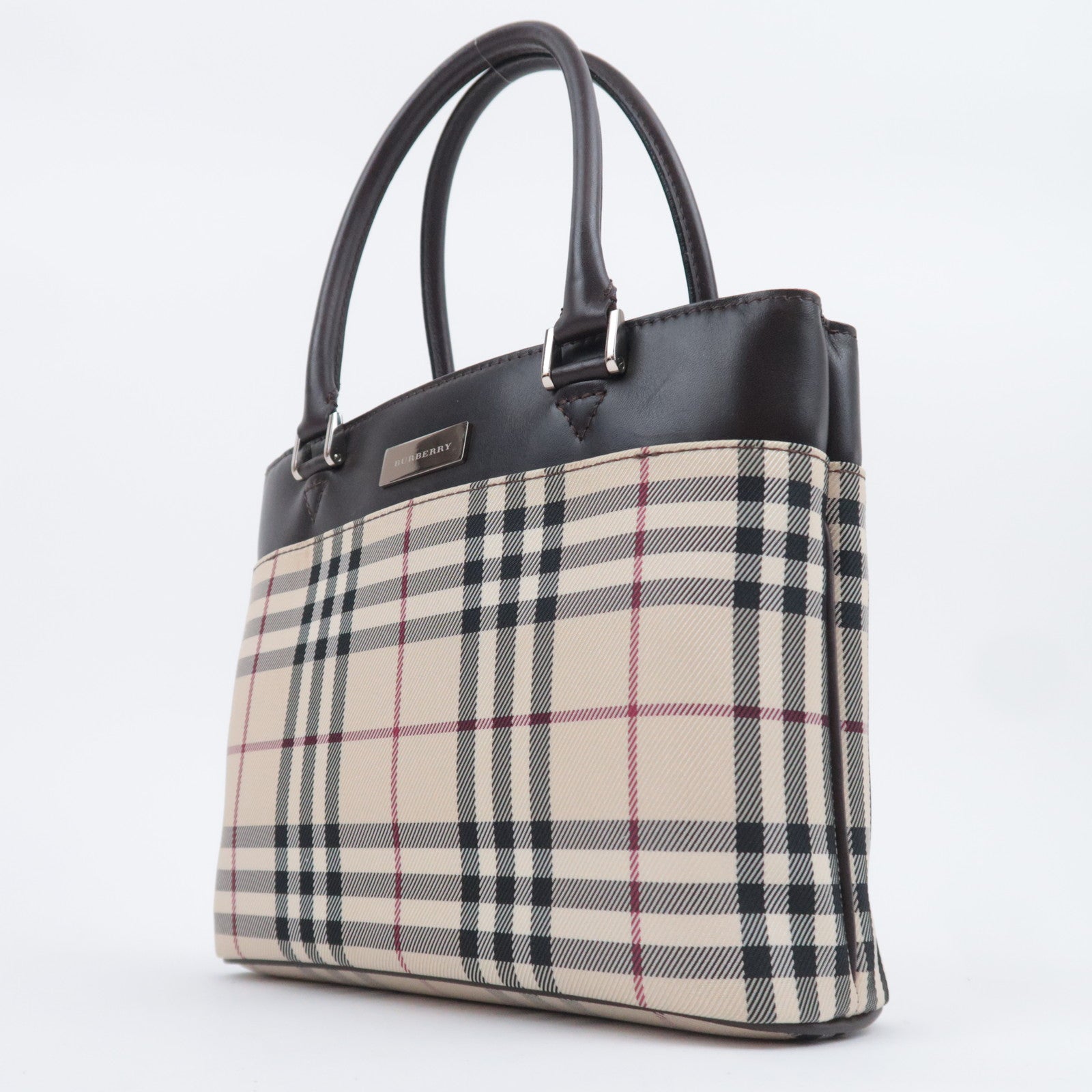 BURBERRY Nova Plaid Canvas Leather Handbag Beige