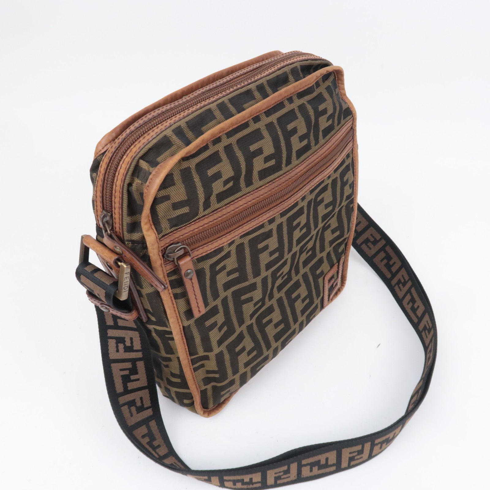 FENDI Zucca Canvas Leather Shoulder Bag Khaki Black Brown 7VA152