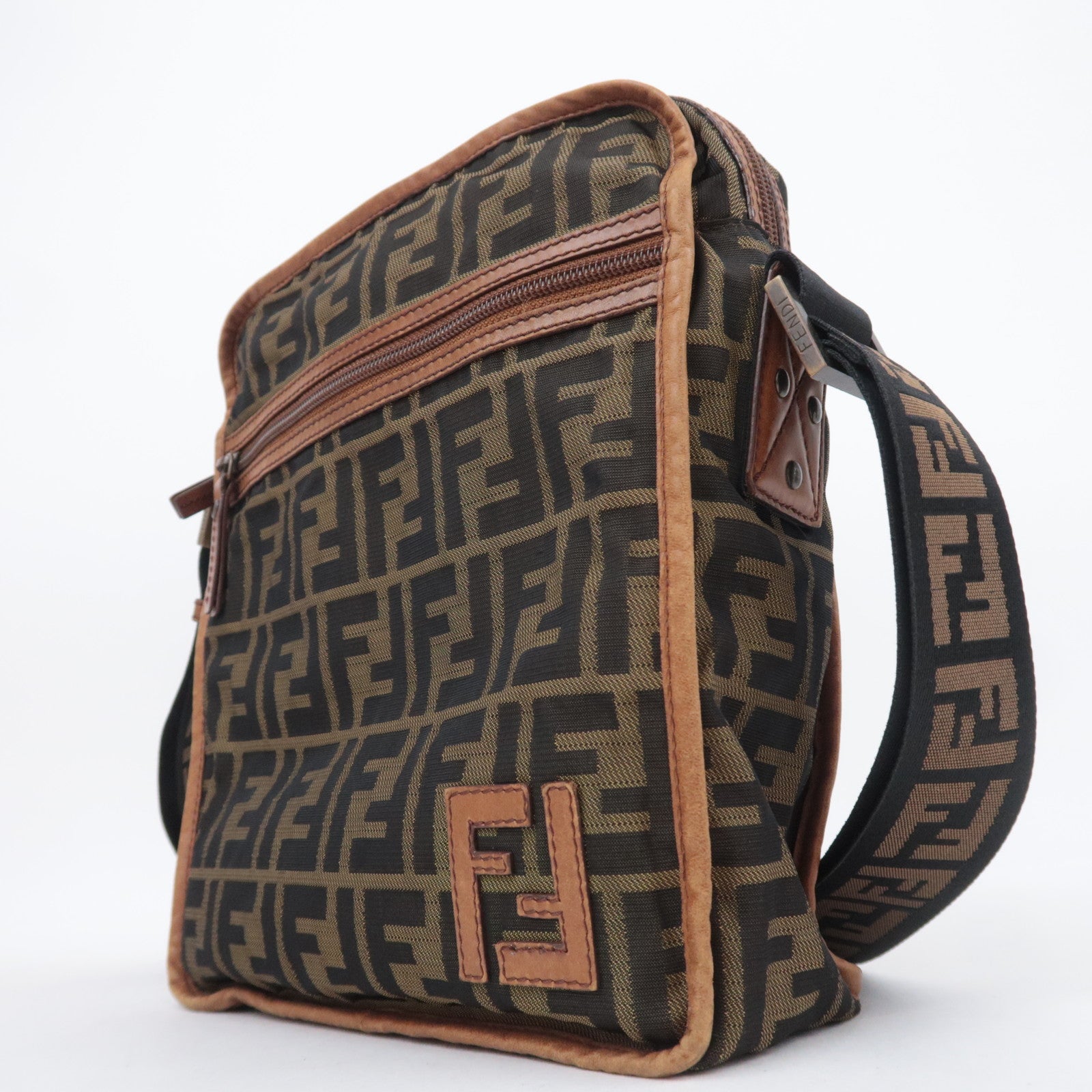 FENDI Zucca Canvas Leather Shoulder Bag Khaki Black Brown 7VA152