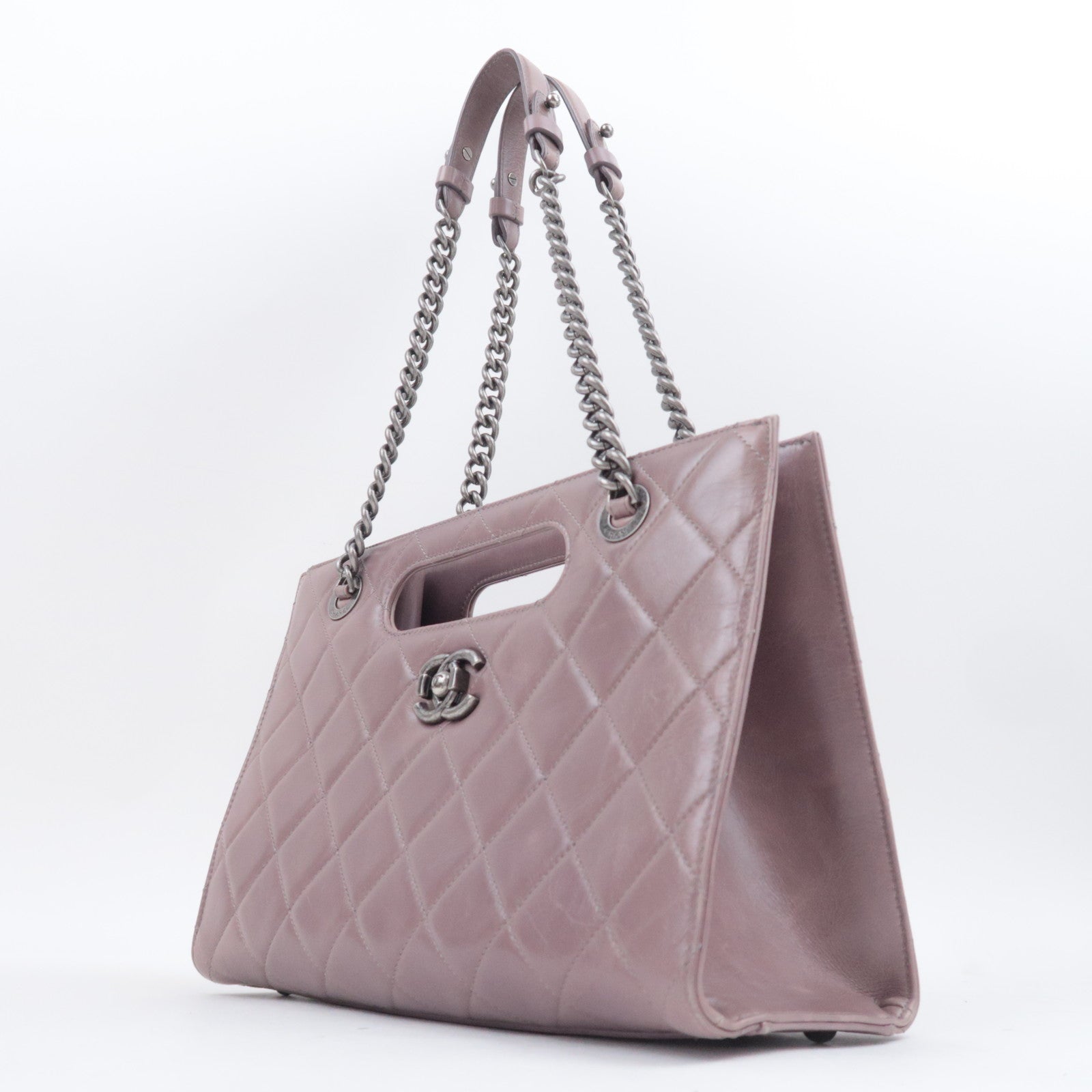 CHANEL Matelasse Small Boy Shopper 2Way Chain Shoulder Bag Aged Calfskin Greige